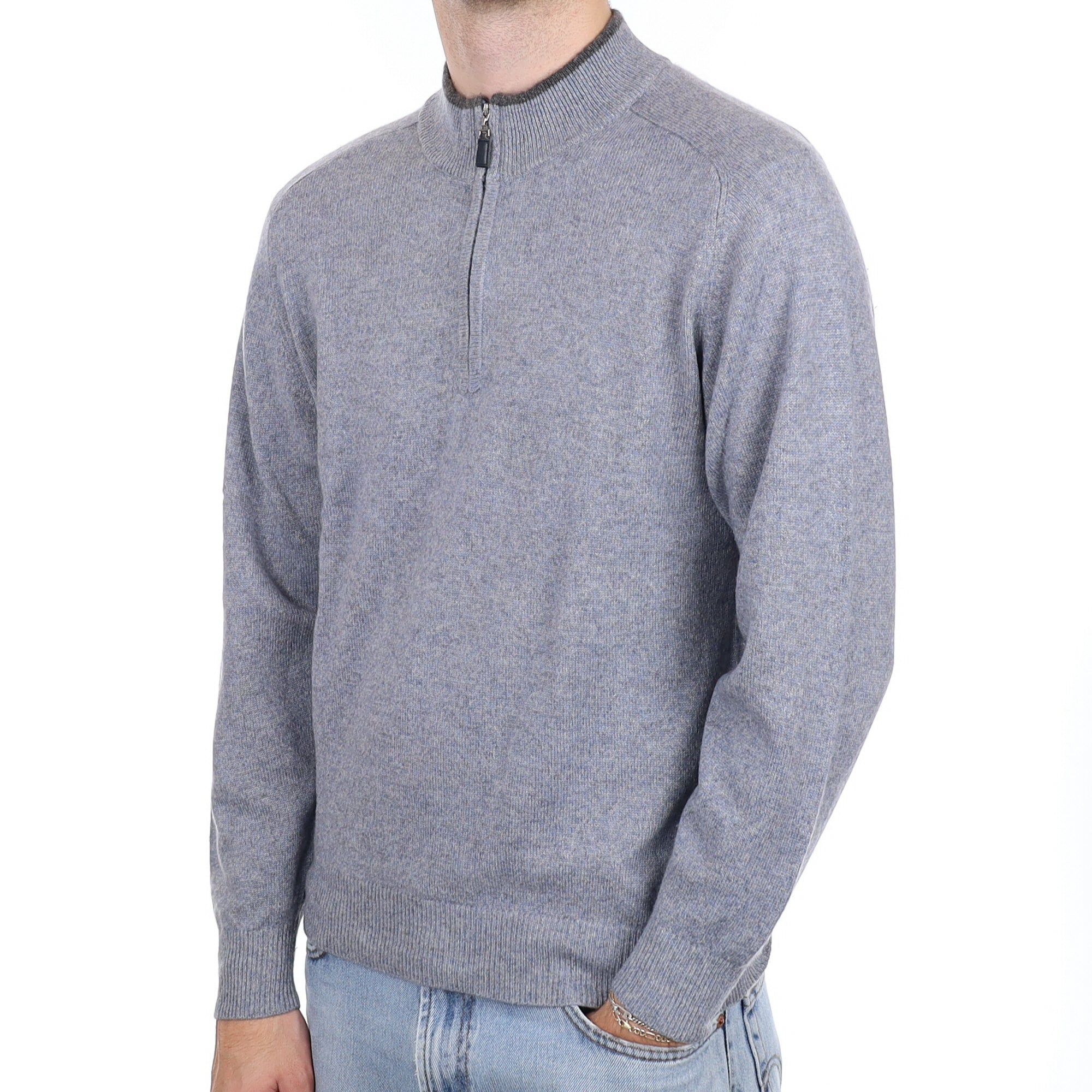 Men's Grey Blue Marl 1/4 Zip Cashmere Turtle Neck Jumper Medium