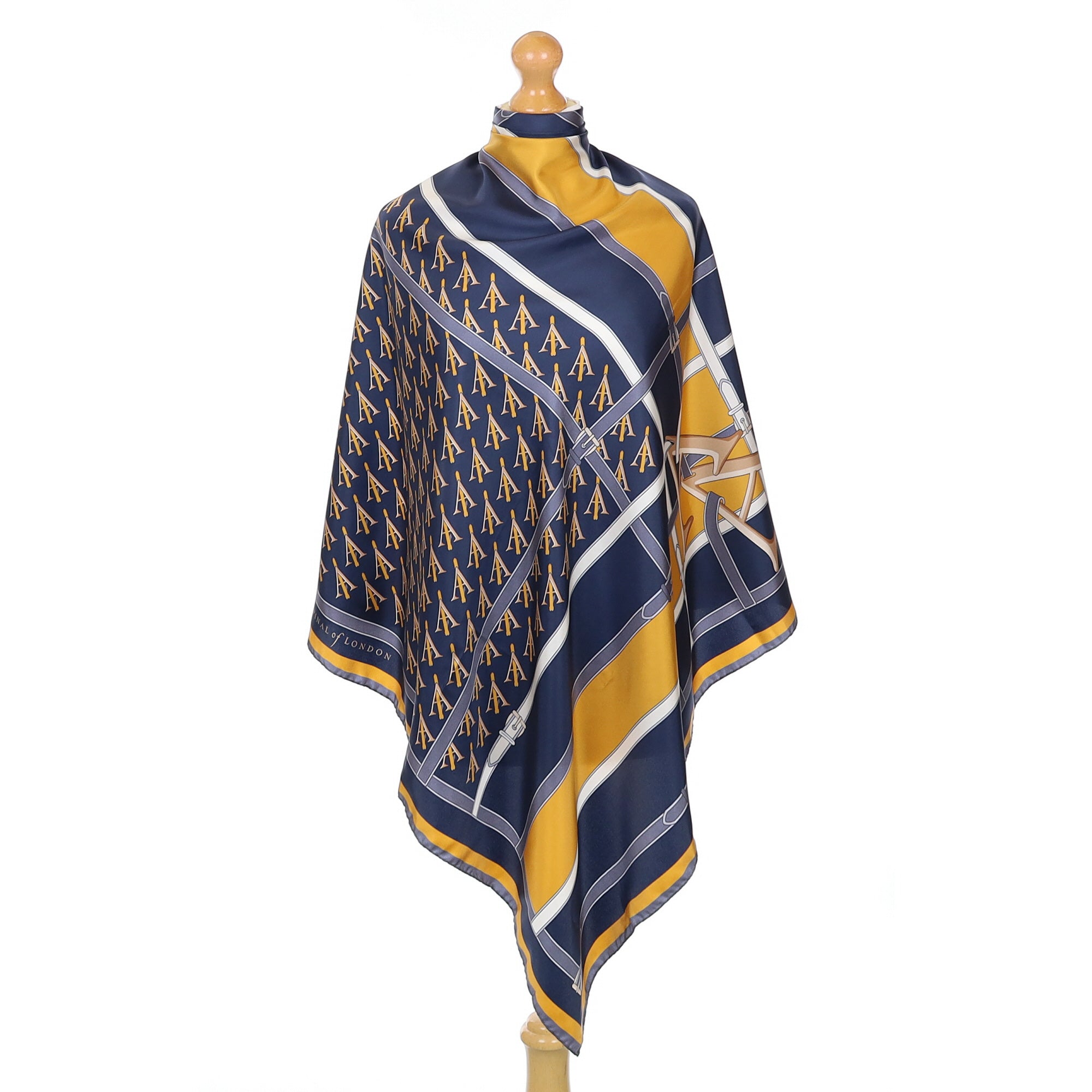 Brand New Boxed Aspinal Blue and Yellow Patterned Silk Scarf