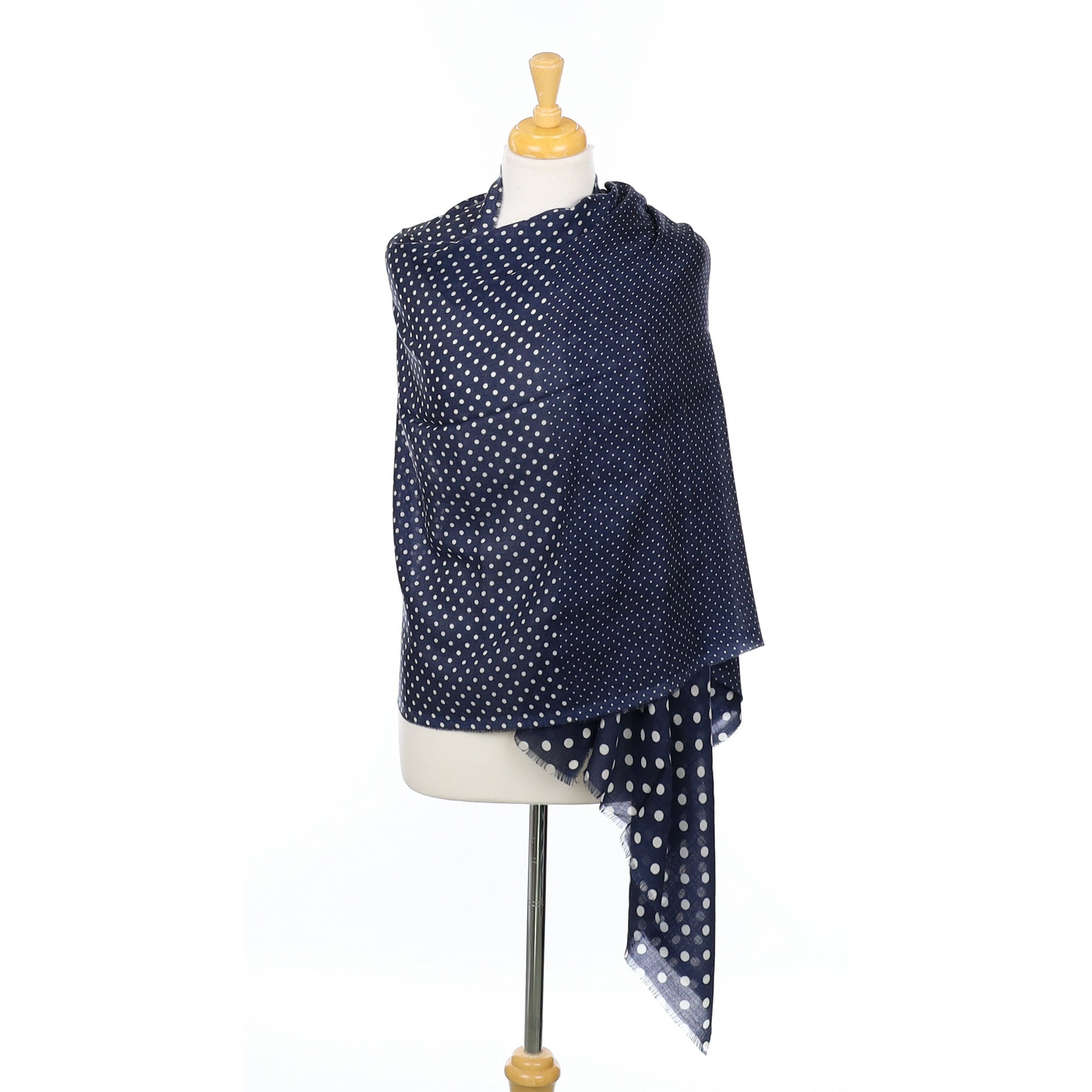 Scottish Begg & Co Navy Polka Dot Fine Woven Cashmere Wrap