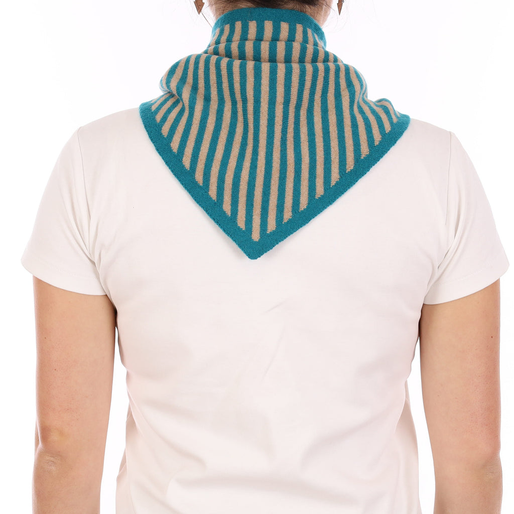 Brand New Teal and Caramel Stripe Recycled Cashmere Triangle Scarf