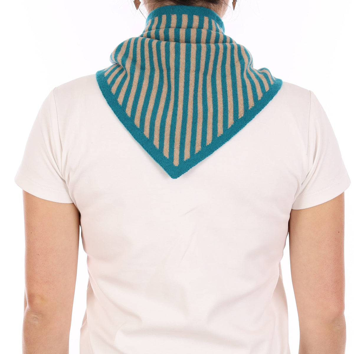 Brand New Teal and Caramel Stripe Recycled Cashmere Triangle Scarf