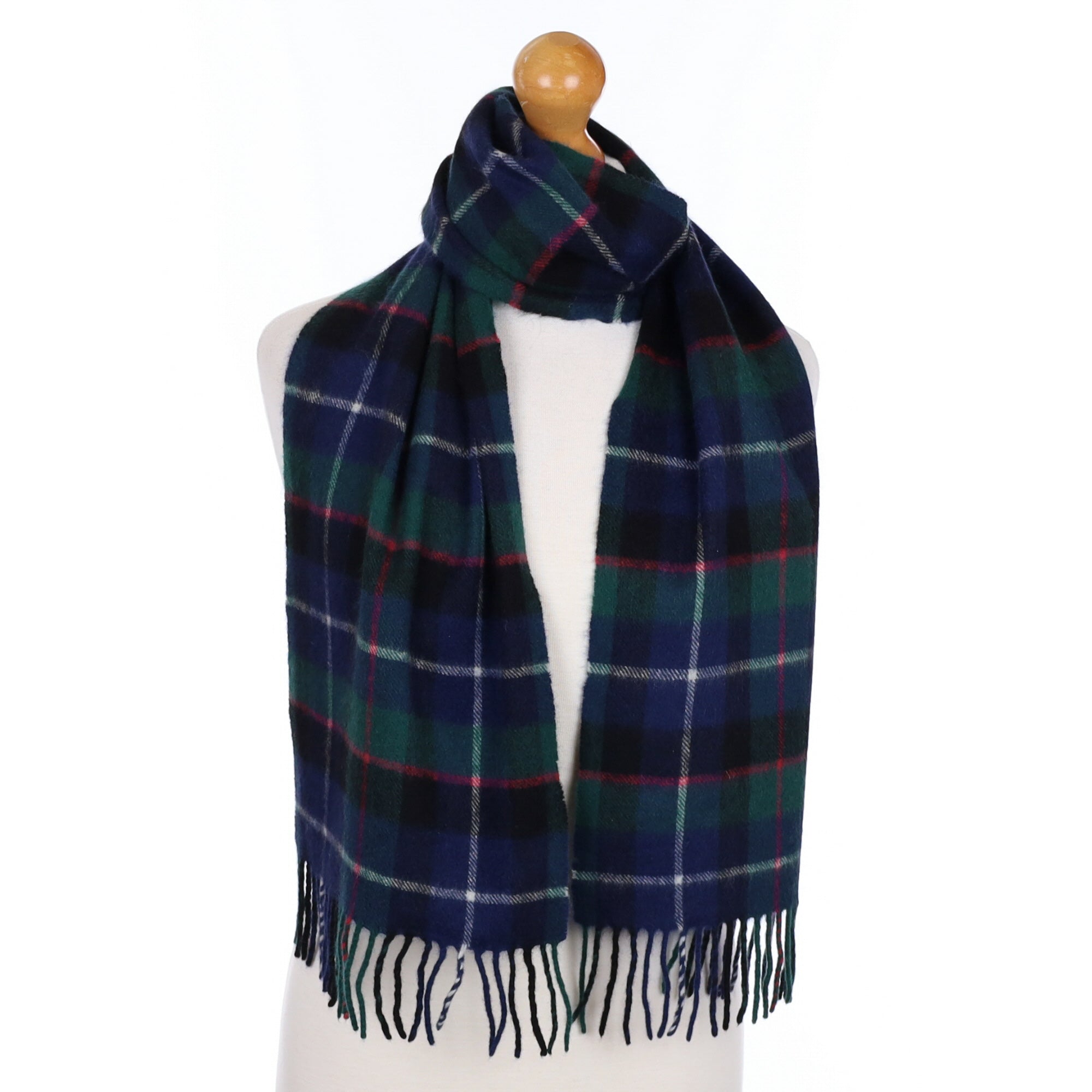Navy Green and Pink Check Cashmere Tasselled Woven Scarf