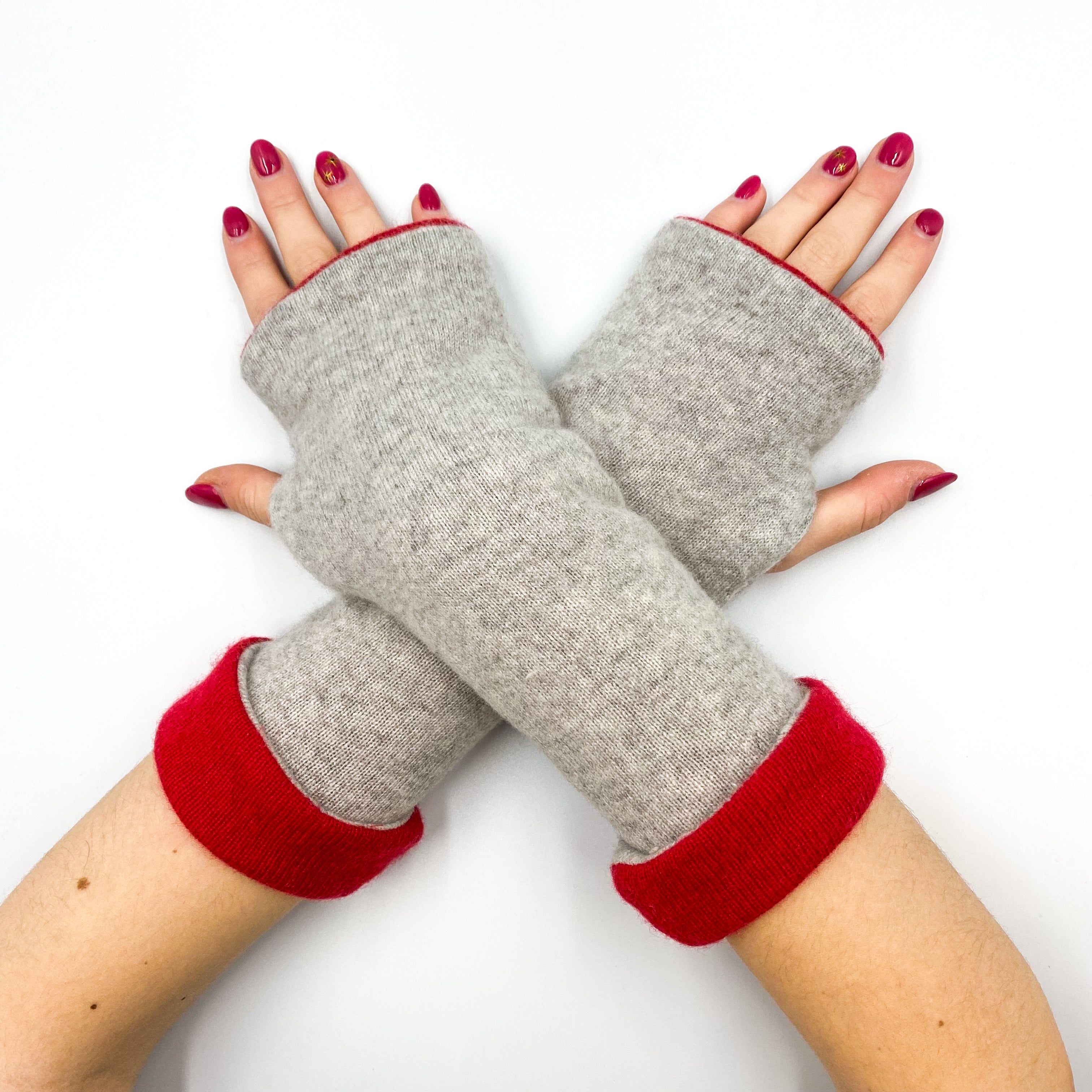 Smoke Grey and Red Luxury Reversible Cashmere Fingerless Gloves