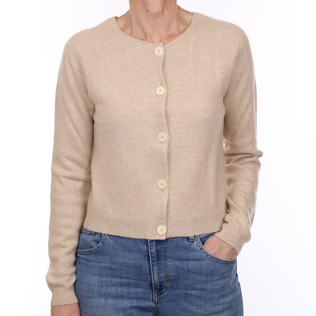 Brora Oatmeal Textured Front Cashmere Crew Neck Cardigan Small