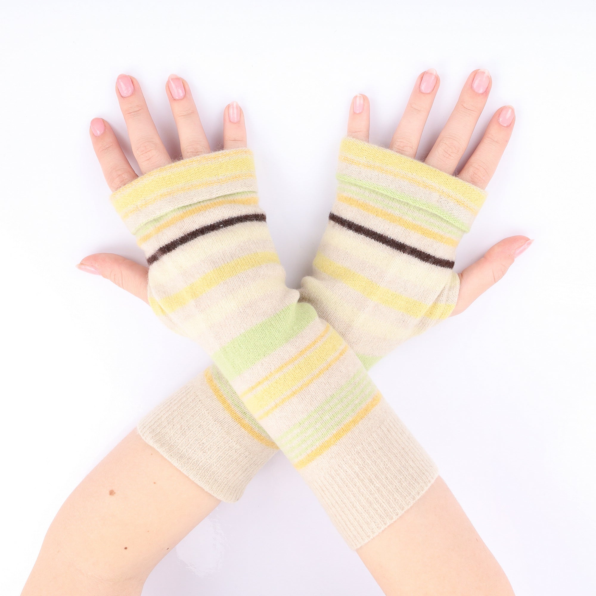 Oatmeal and Yellow Stripe Fingerless Gloves