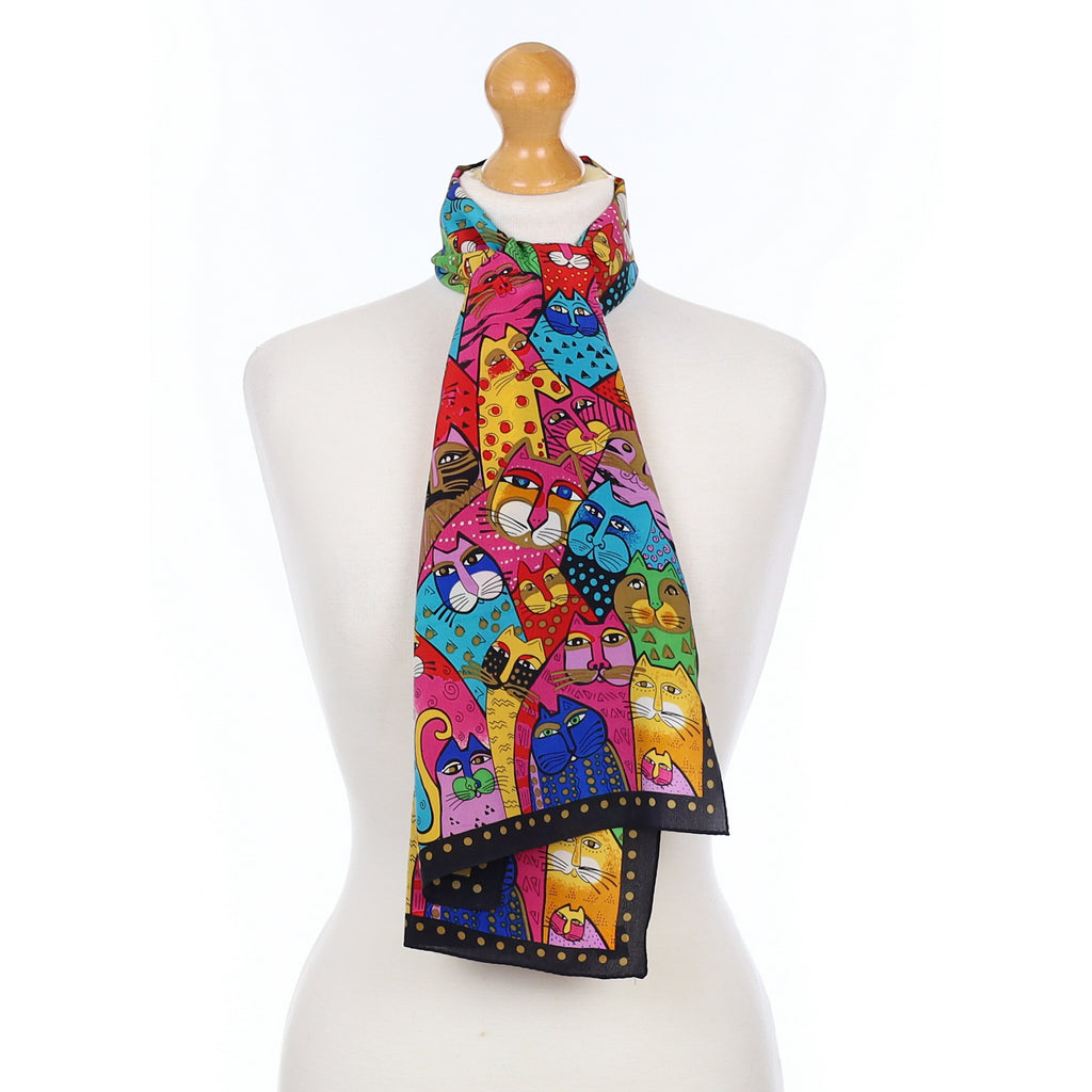 Multicoloured Cat Theme Long Silk Scarf
