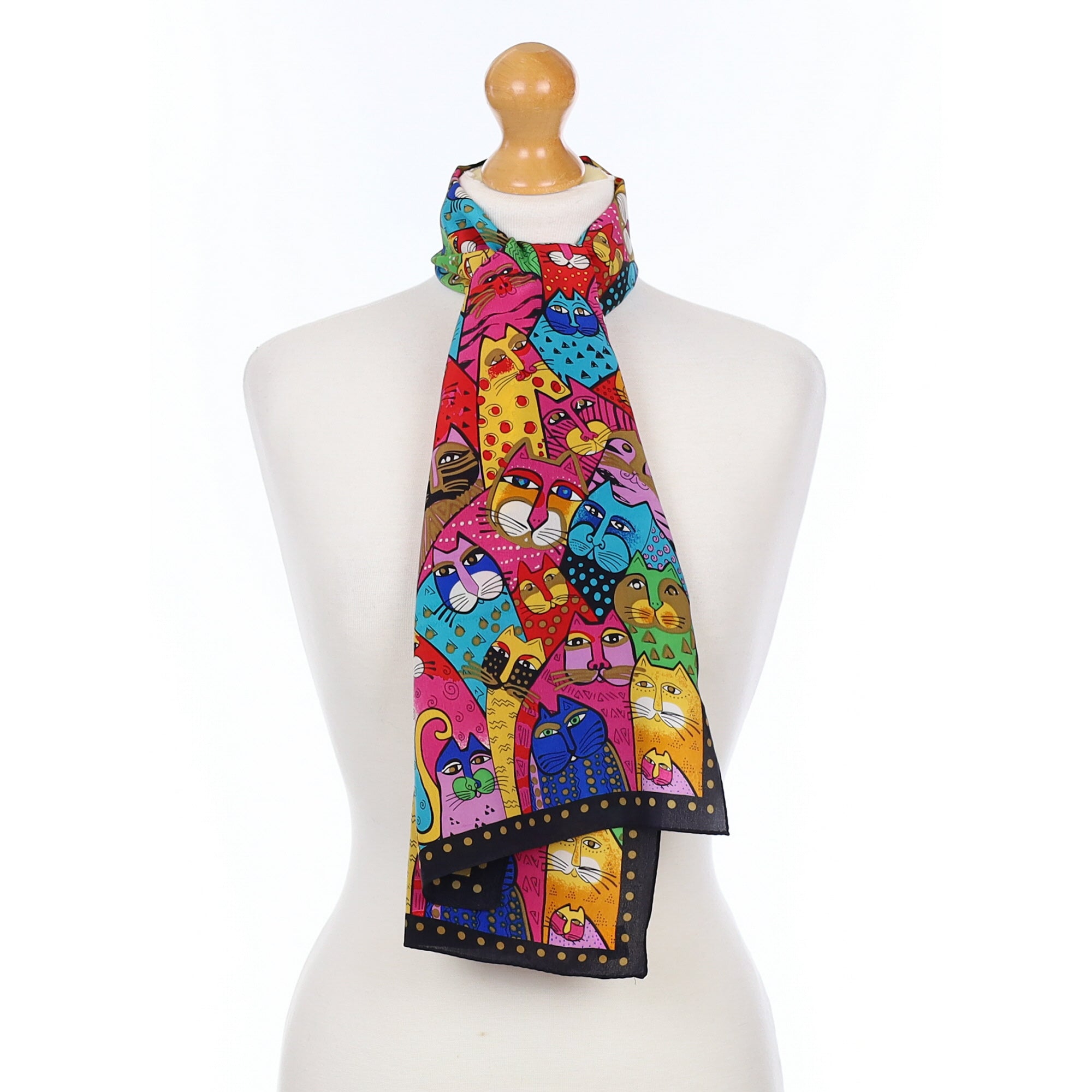Multicoloured Cat Theme Long Silk Scarf