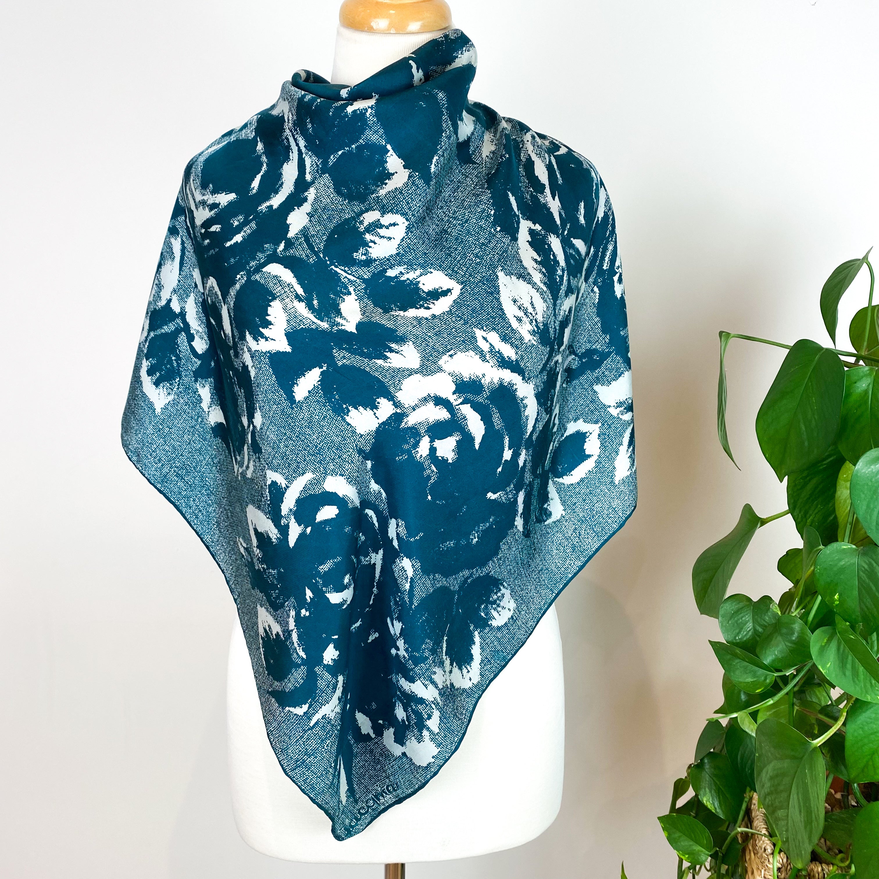 1960s Jacqmar Teal Floral Vintage Silk Scarf