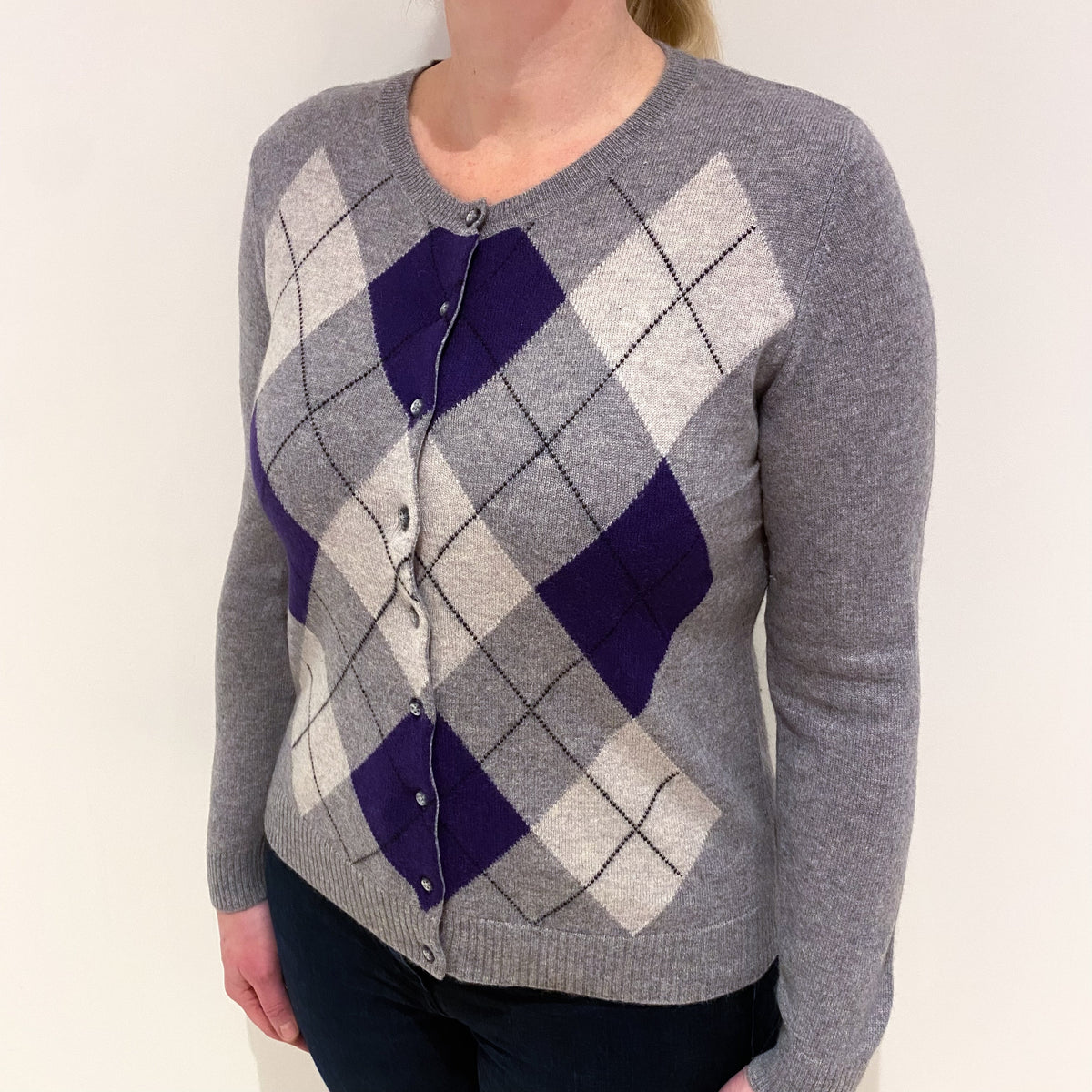 Grey Purple Argyle Cashmere Crew Neck Cardigan Large