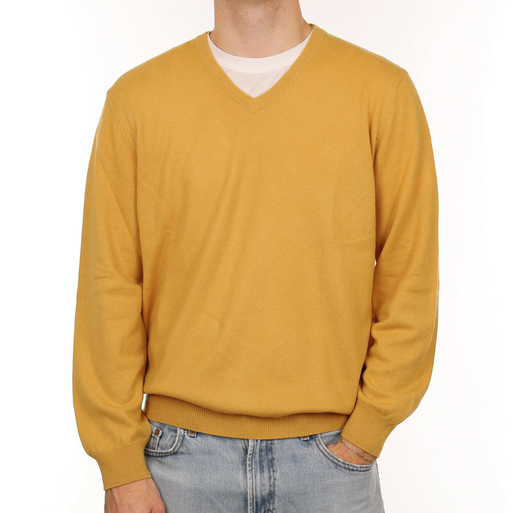 Men's Mustard Yellow Lightweight Cashmere V Neck Jumper Large