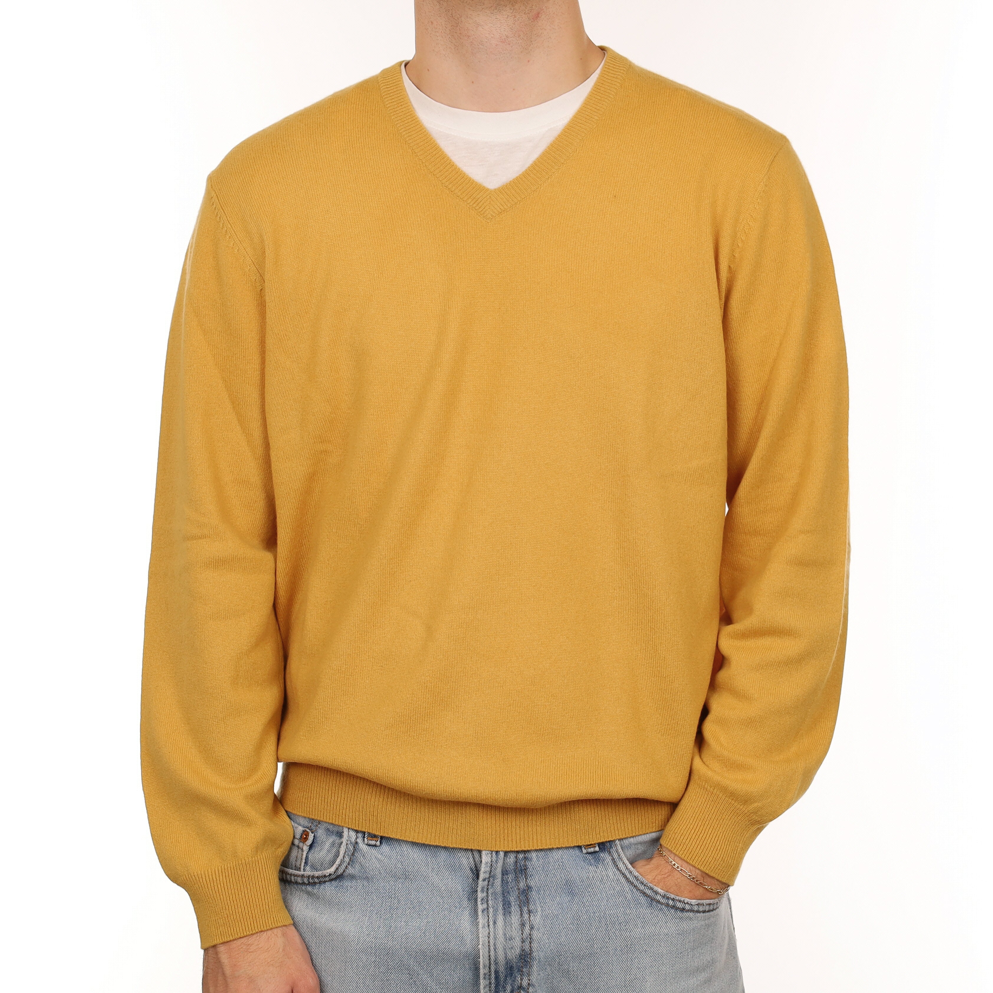 Men's Mustard Yellow Lightweight Cashmere V Neck Jumper Large