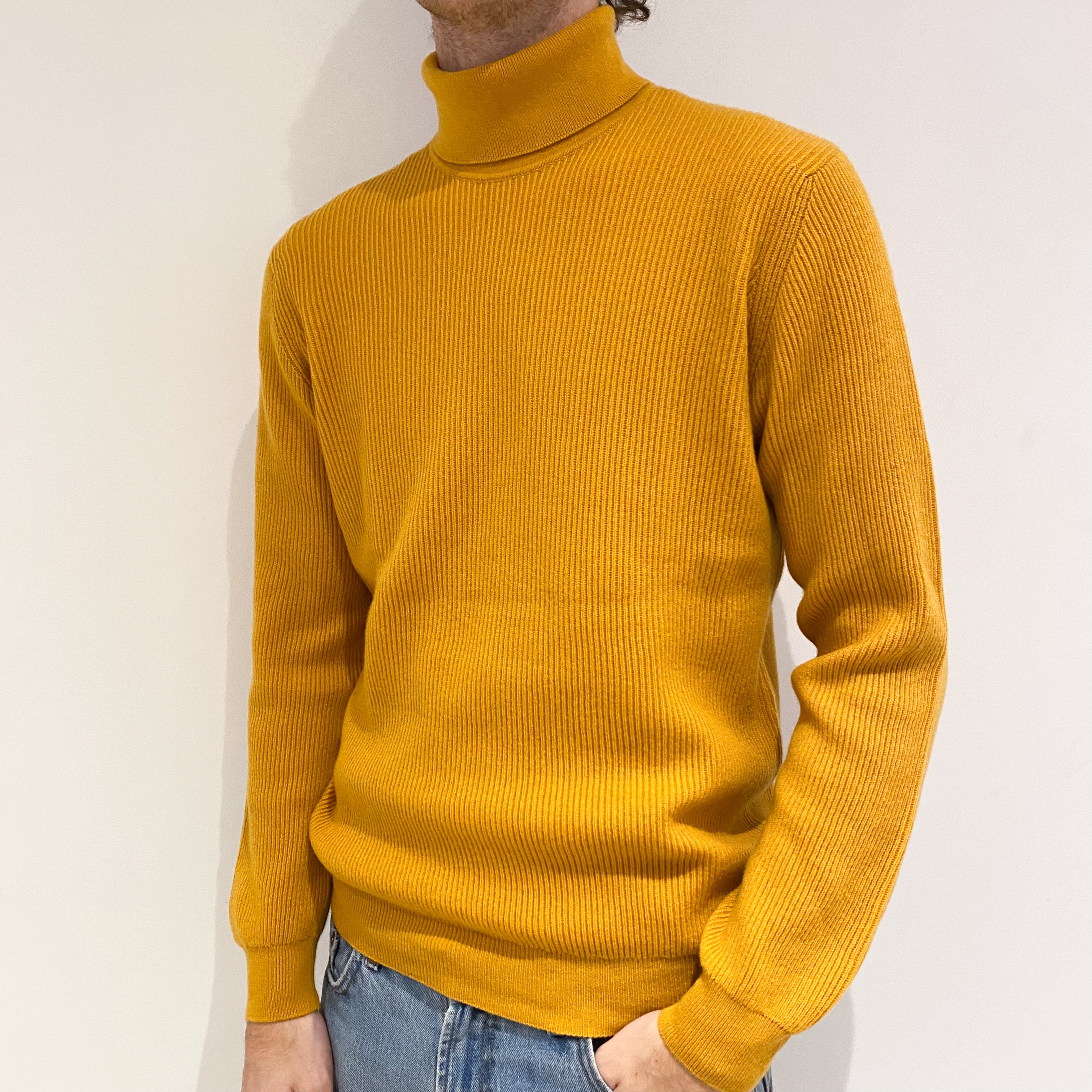 Men’s Brand New Scottish Mustard Yellow Rib Polo Neck Jumper Medium