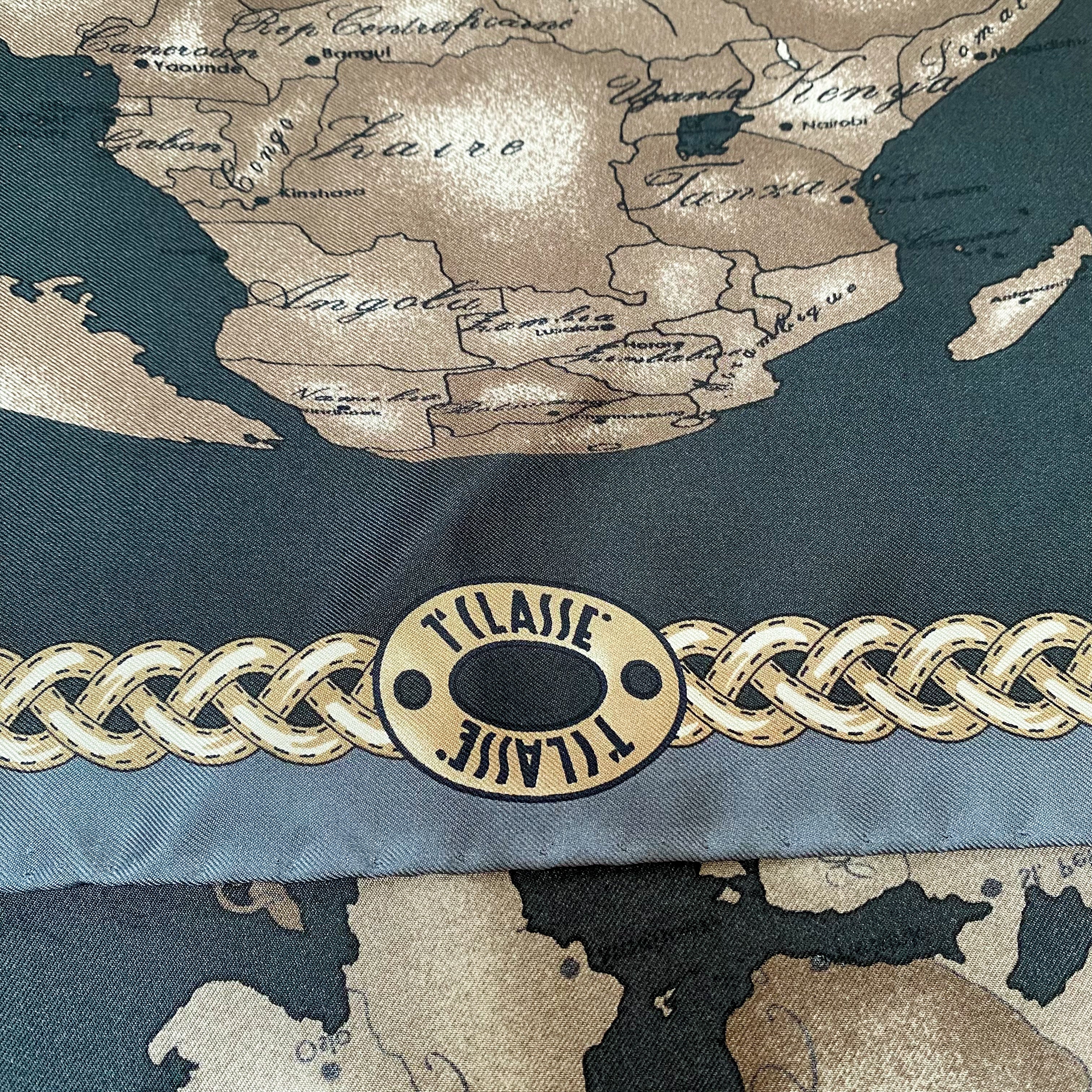 Black World Map Design Silk Scarf