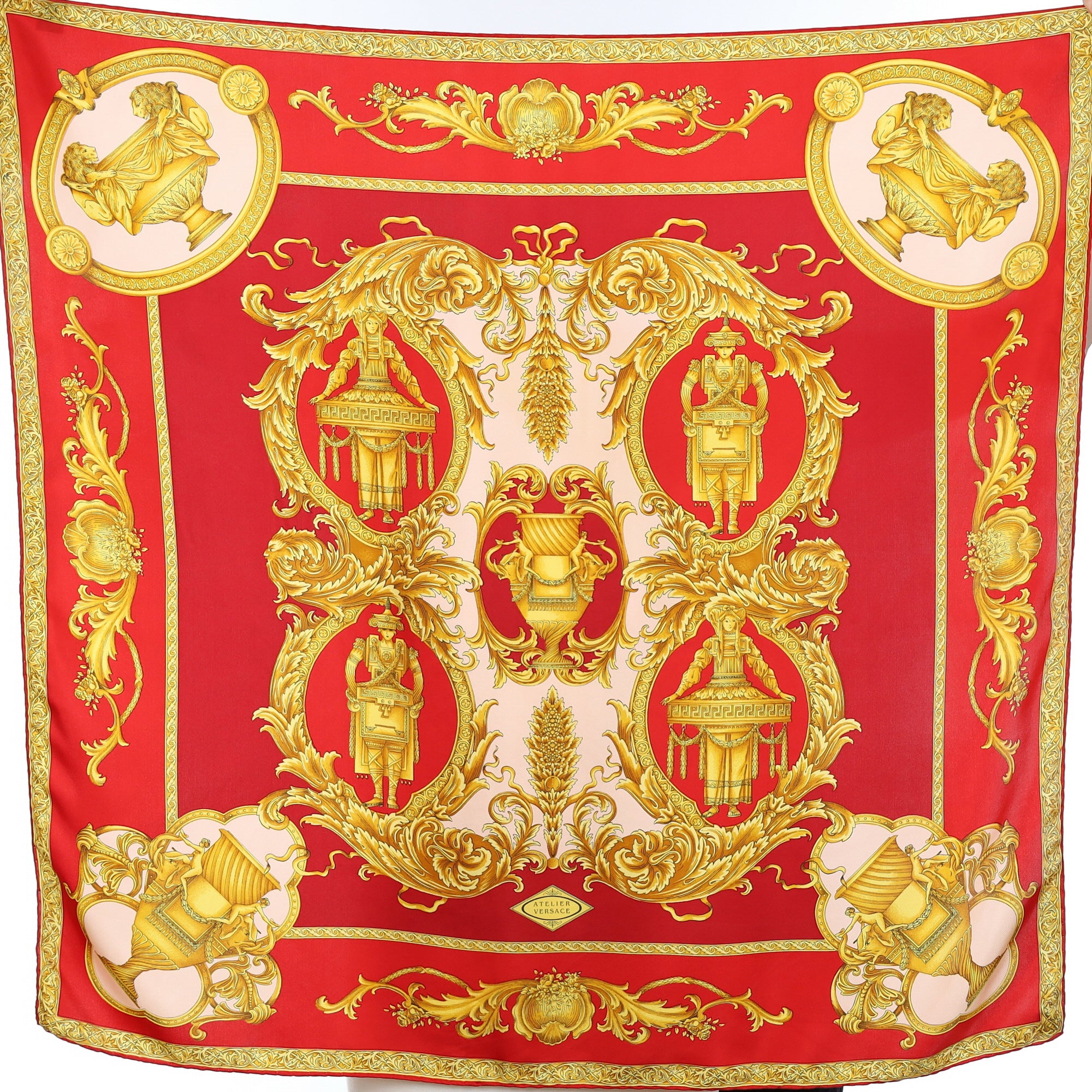 Designer Versace Red, Gold and Pale Pink Silk Scarf