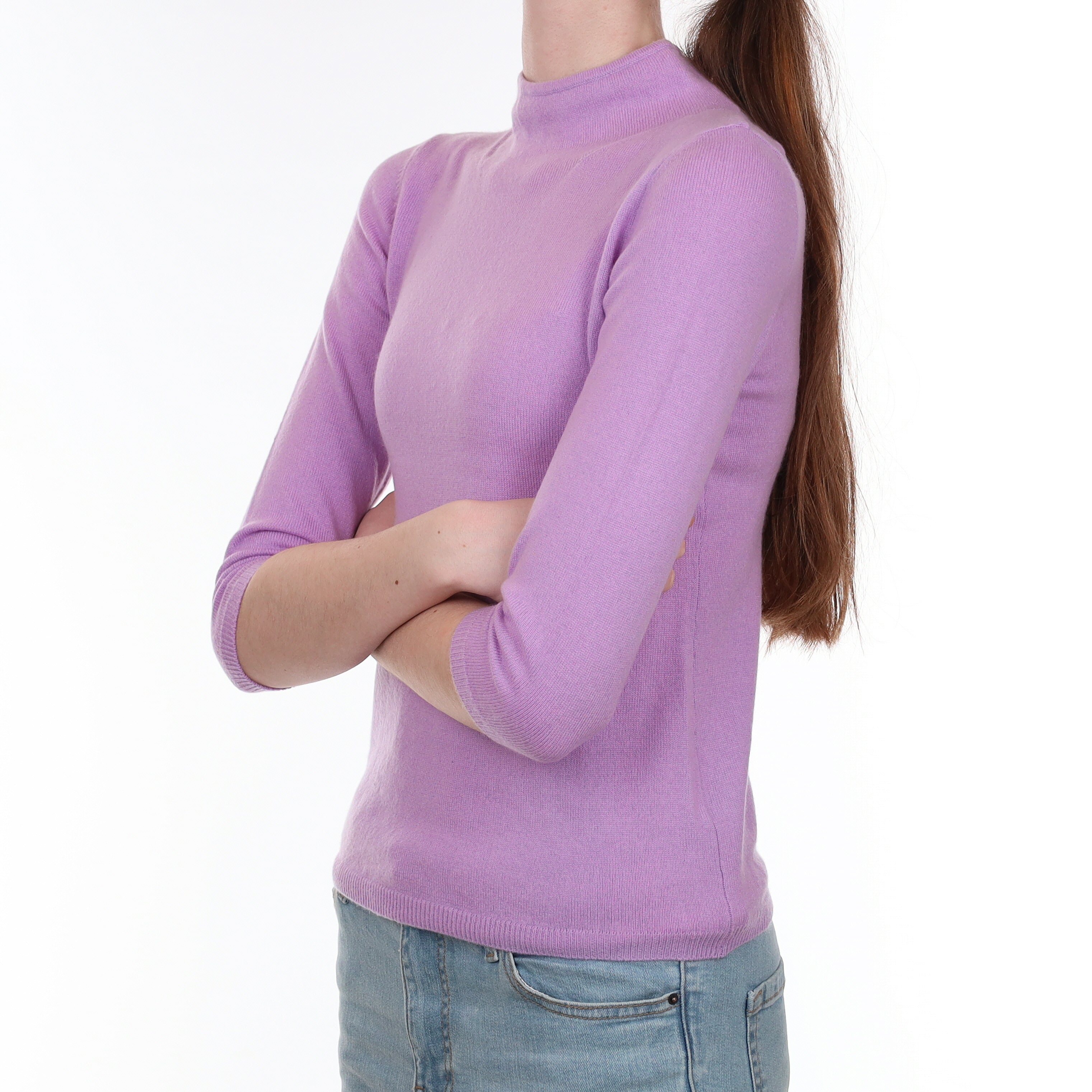 Lilac Purple 3/4 Sleeve Cashmere Funnel Neck Jumper Extra Small