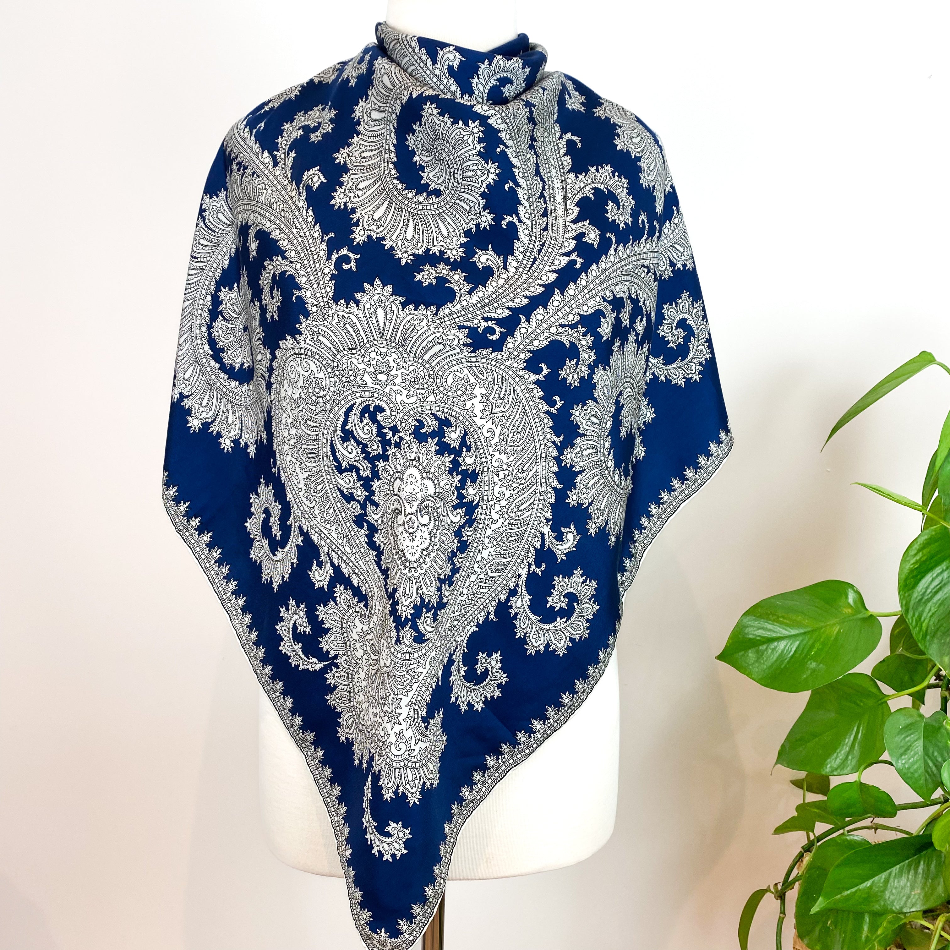 1970s Blue and White Paisley Vintage Silk Scarf