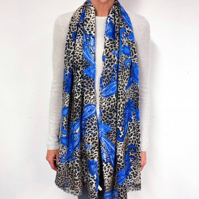 Animal Print and Blue Paisley Cashmere Woven Fine Knit Wrap