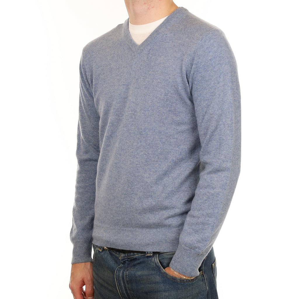 Men’s Blue Grey Marl Cashmere V Neck Jumper Medium
