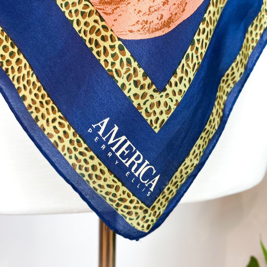 Navy Blue Tropical Fruit Modern Silk Scarf