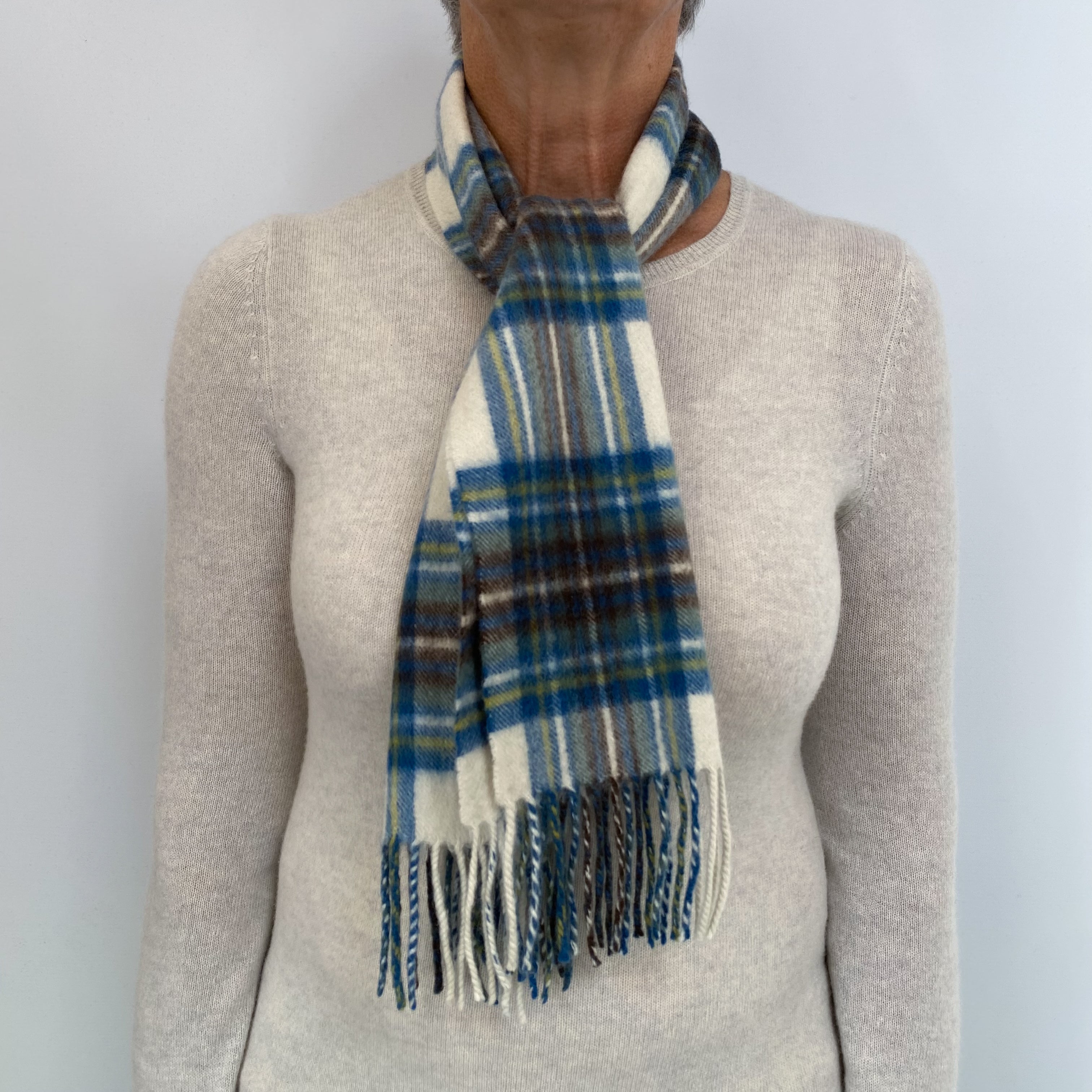 Blue and Cream Tartan Fringed Cashmere Woven Scarf