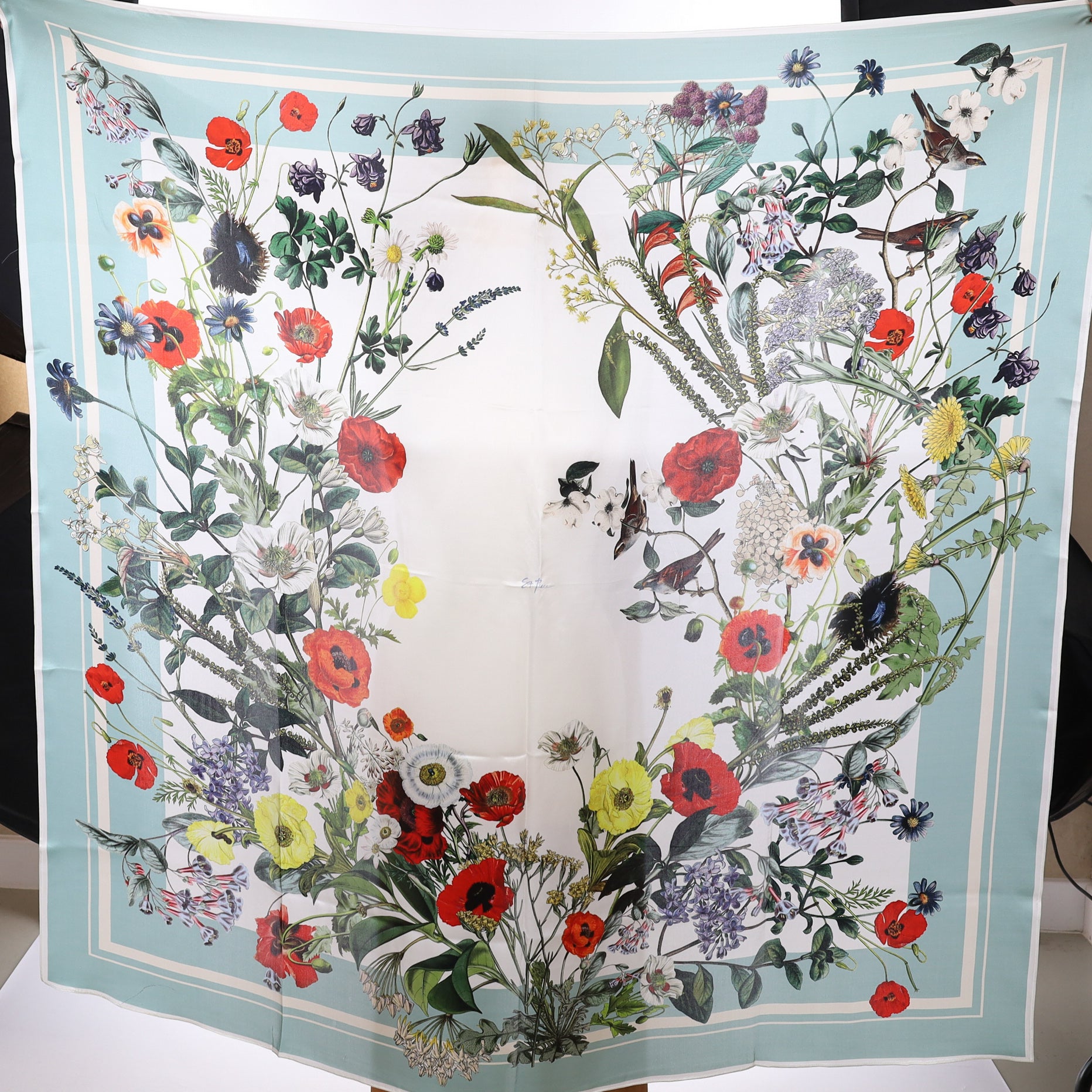 Brand New St Piece Aqua Edged Floral Silk Scarf