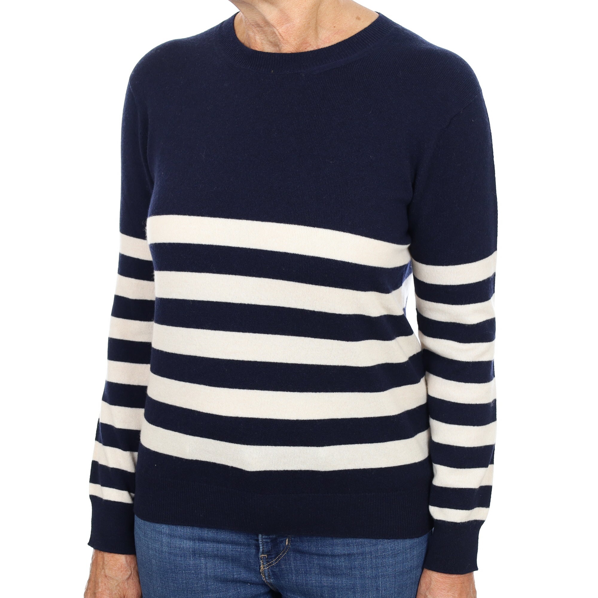 Brand New Scottish Navy Oatmeal Stripe Cashmere Crew Neck Jumper Medium