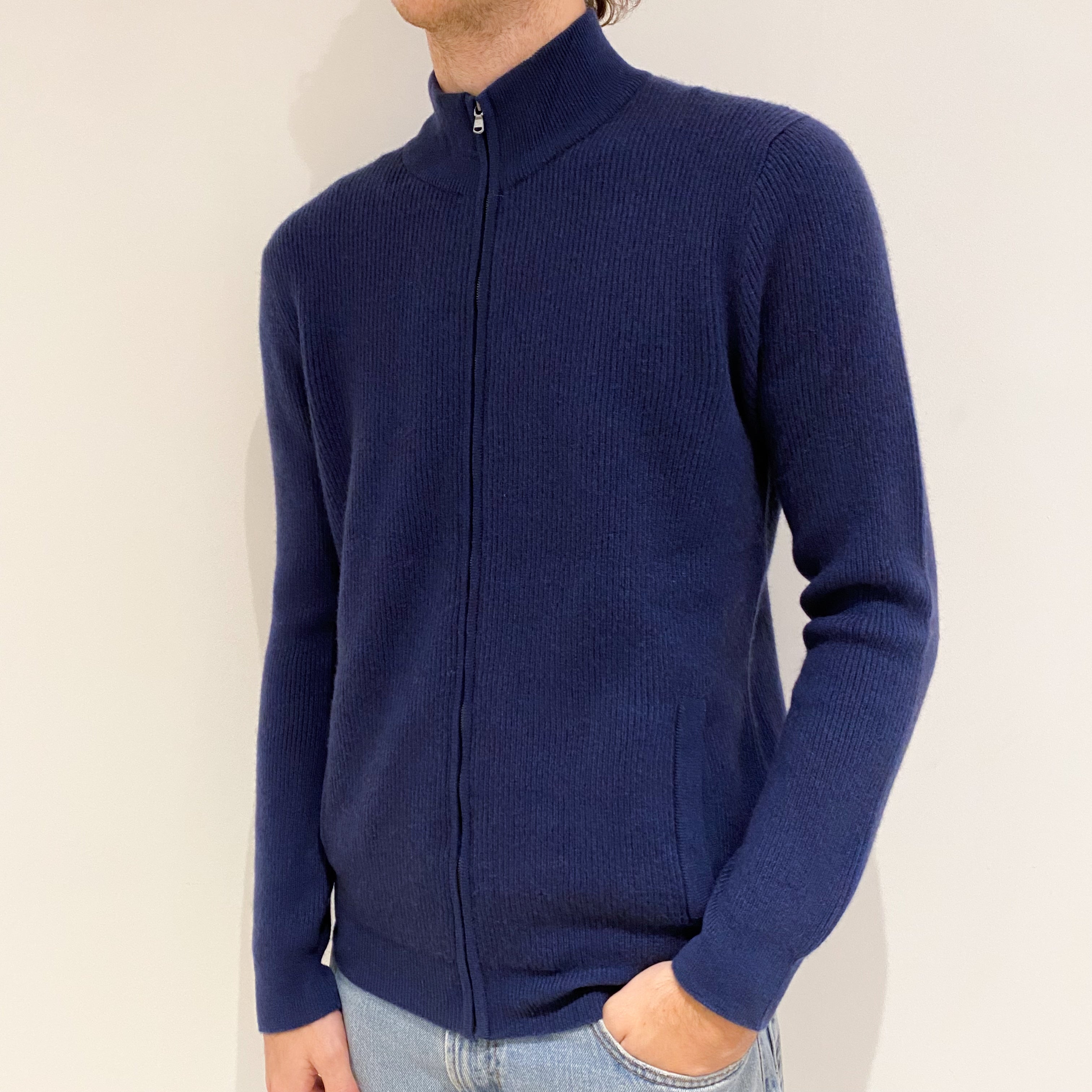 Men’s Brand New Scottish Navy Blue Chunky Cashmere Zip Up Cardigan Medium