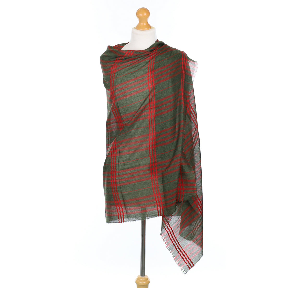 Scottish Begg & Co Green and Red Checked Fine Woven Cashmere & Silk Wrap