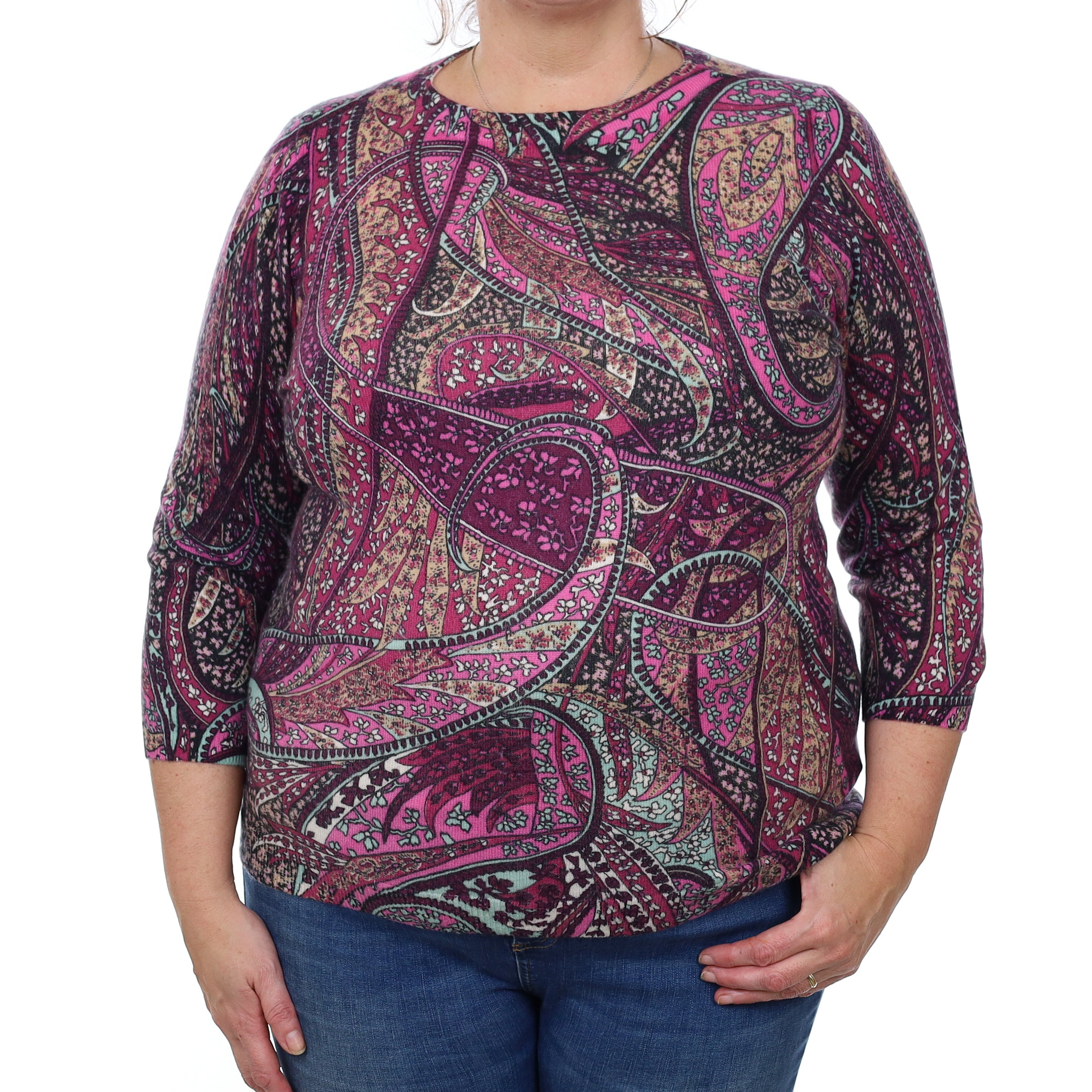 Purple Paisley Cashmere 3/4 Sleeve Crew Neck Jumper Extra Large