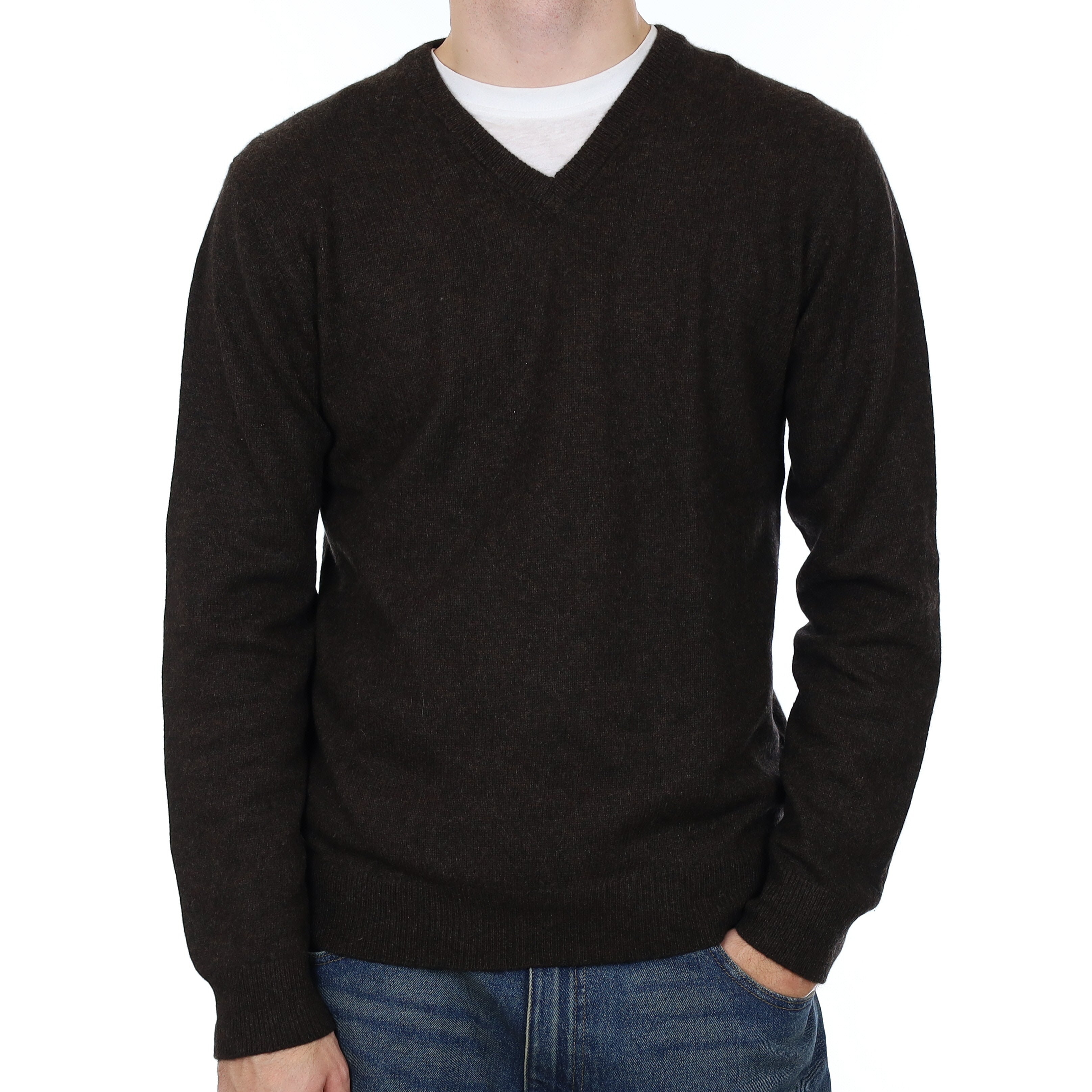 Men’s Peppercorn Brown Cashmere V Neck Jumper Medium
