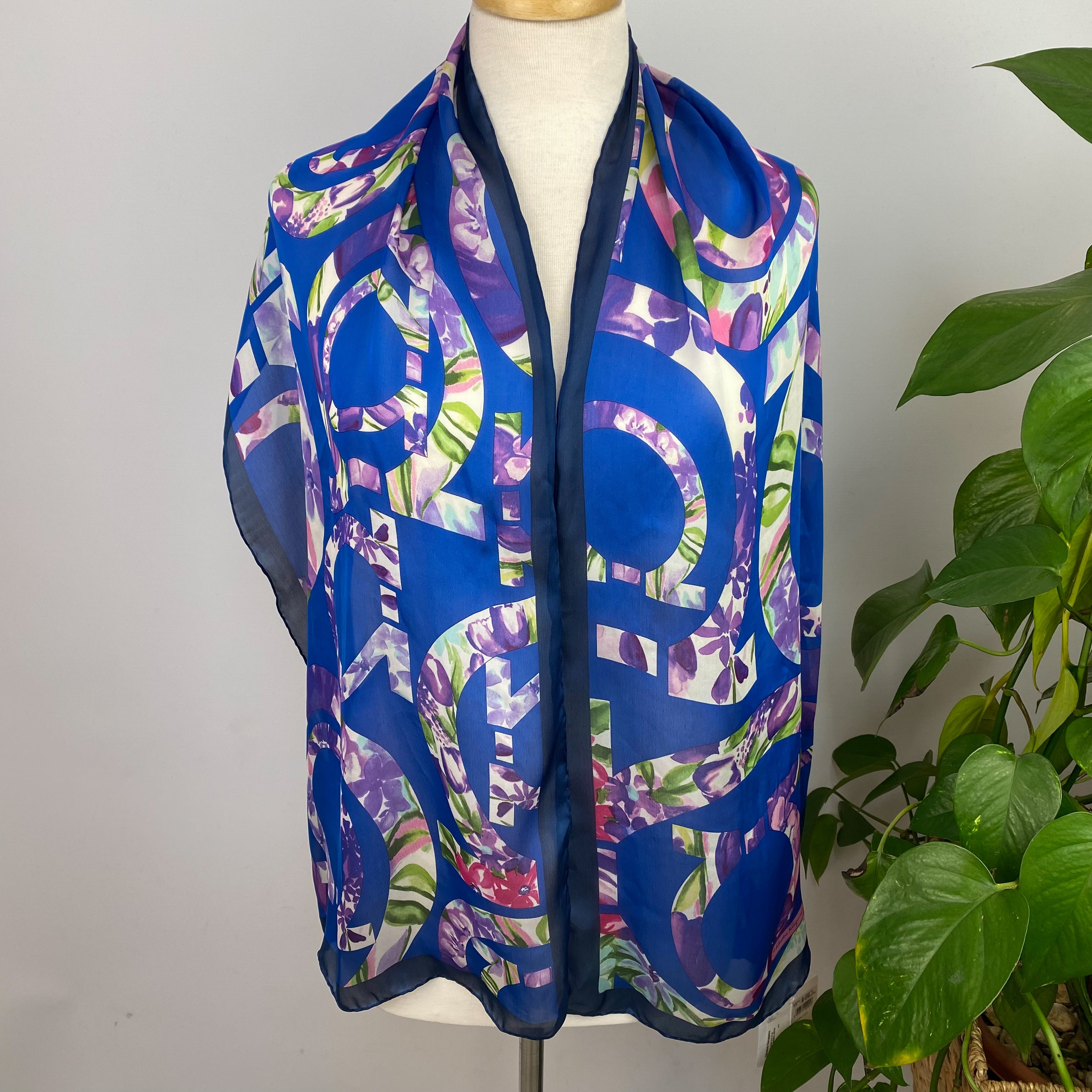 Salvadore Ferragamo Designer Blue Abstract Silk Scarf