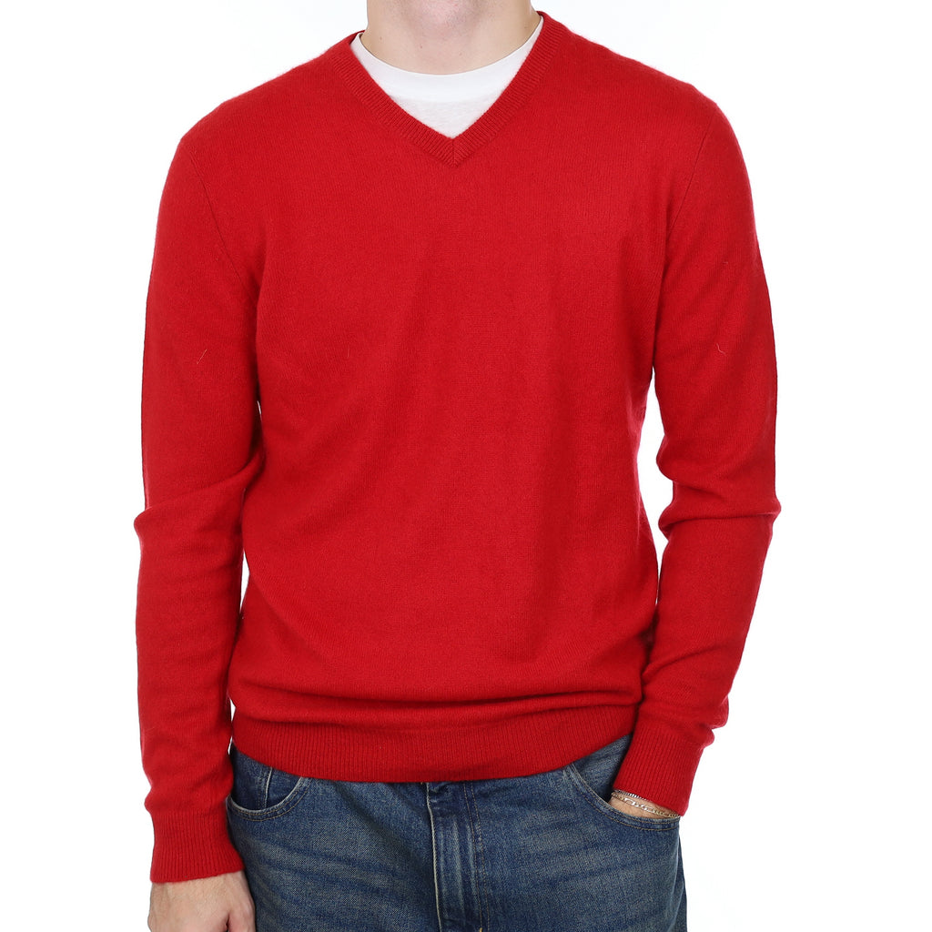 Men’s Post Box Red Cashmere V Neck Jumper Medium