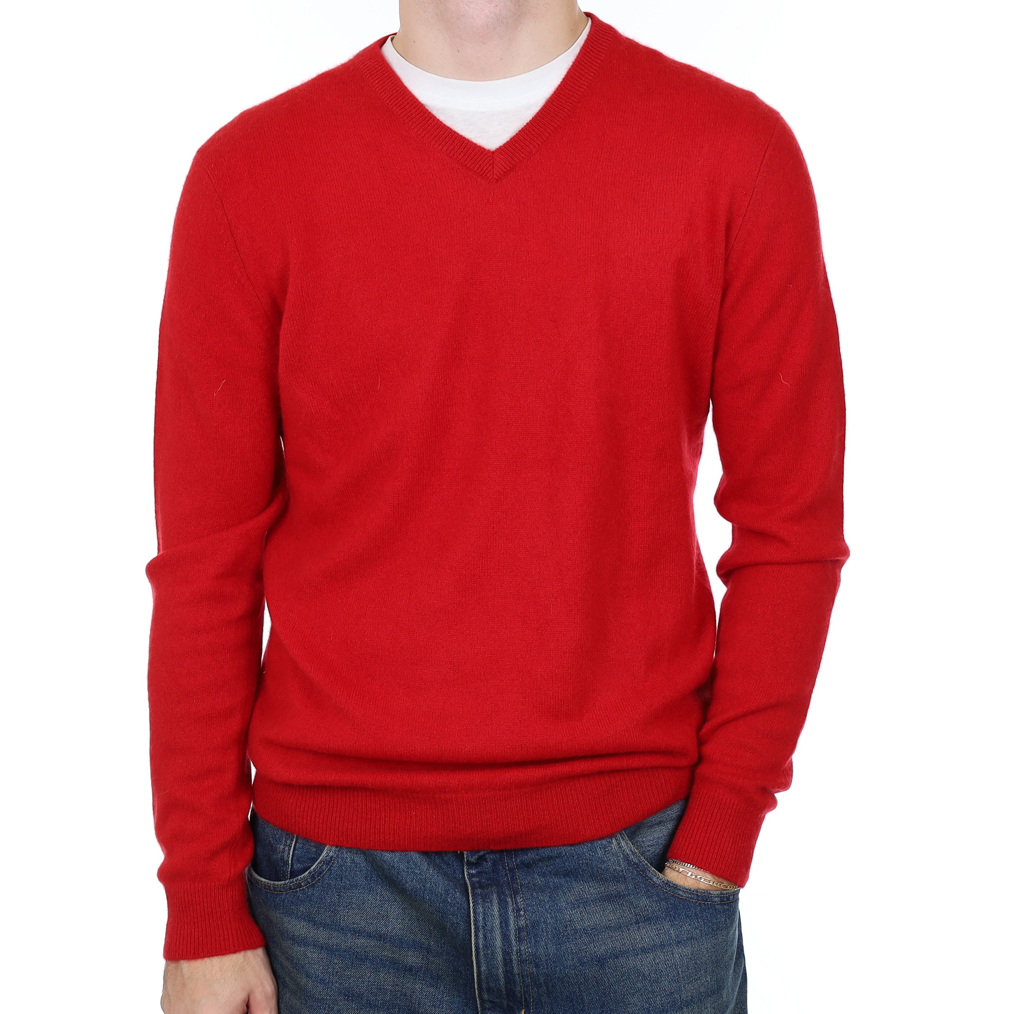Men’s Post Box Red Cashmere V Neck Jumper Medium