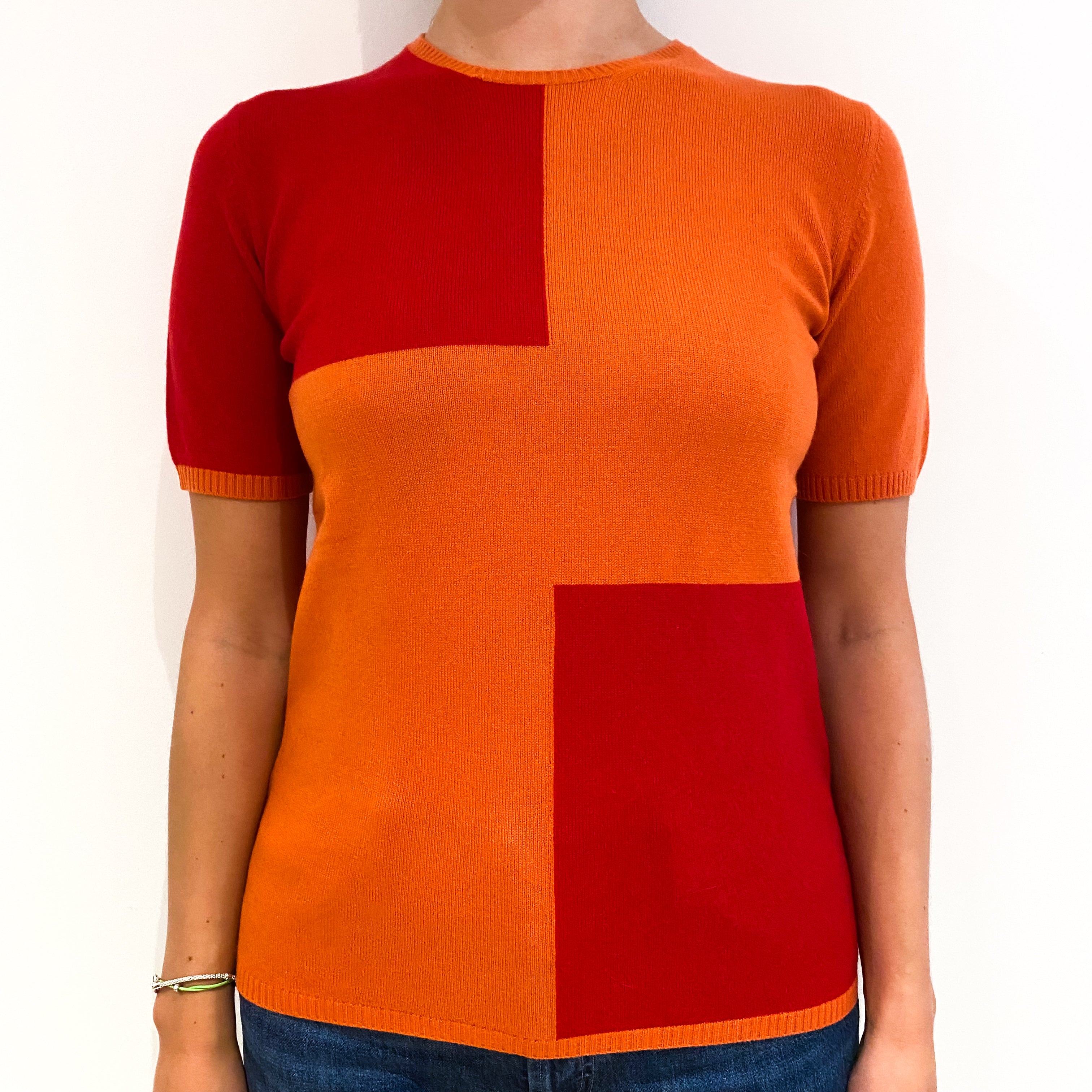 Red and Orange Colour Block Short Sleeved Cashmere Crew Neck Jumper Medium