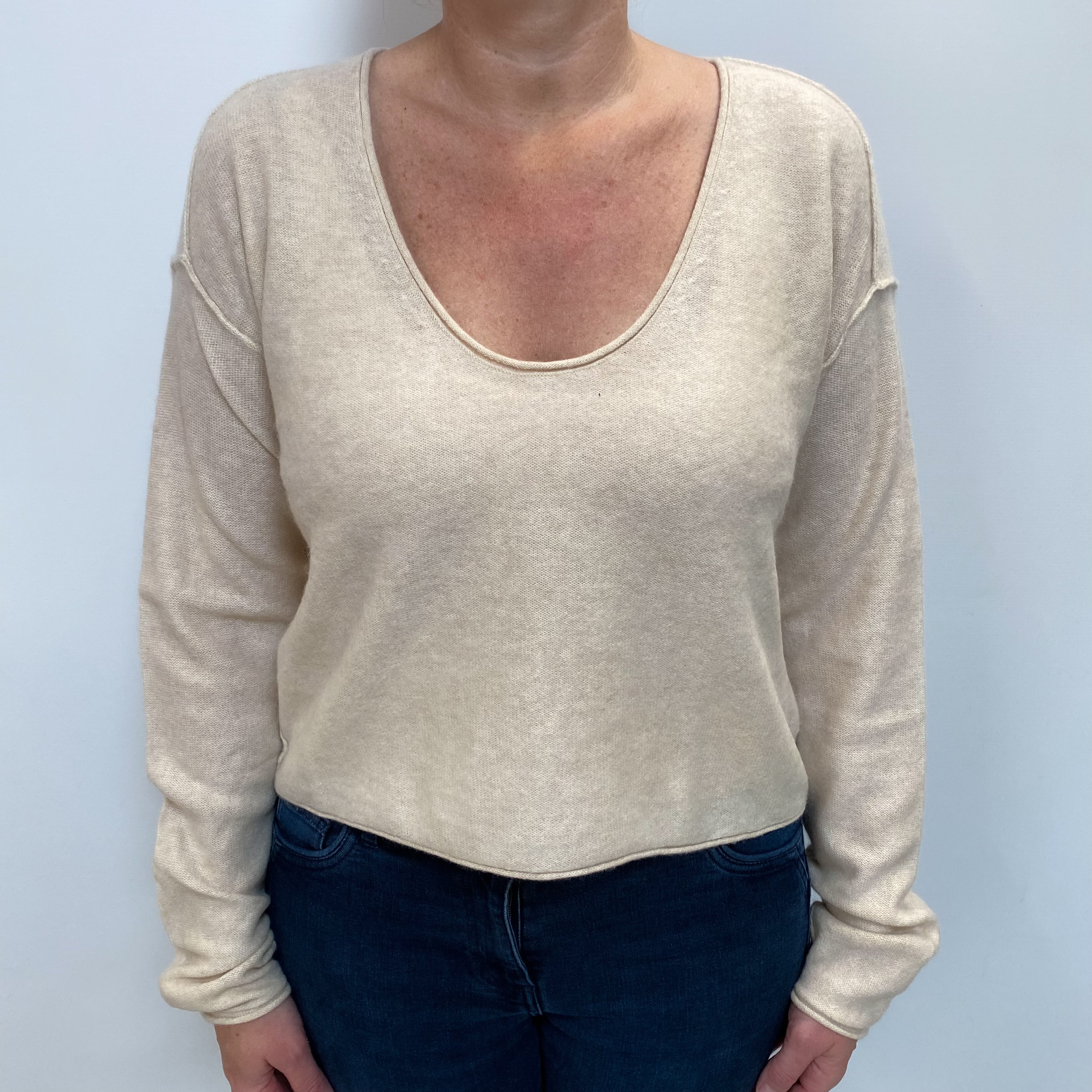 Oatmeal Beige Cashmere Scoop Neck Jumper Large