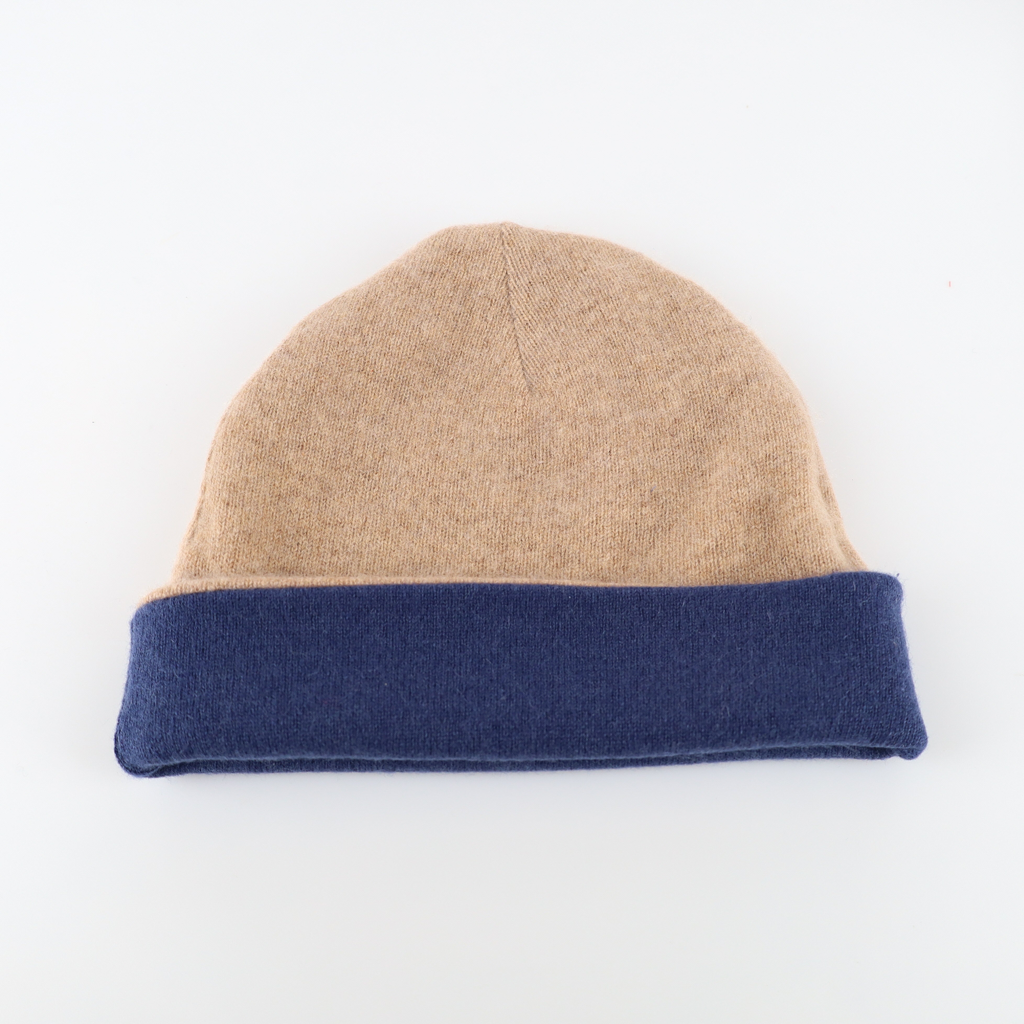 Denim Blue and Camel Cashmere Beanie Hat