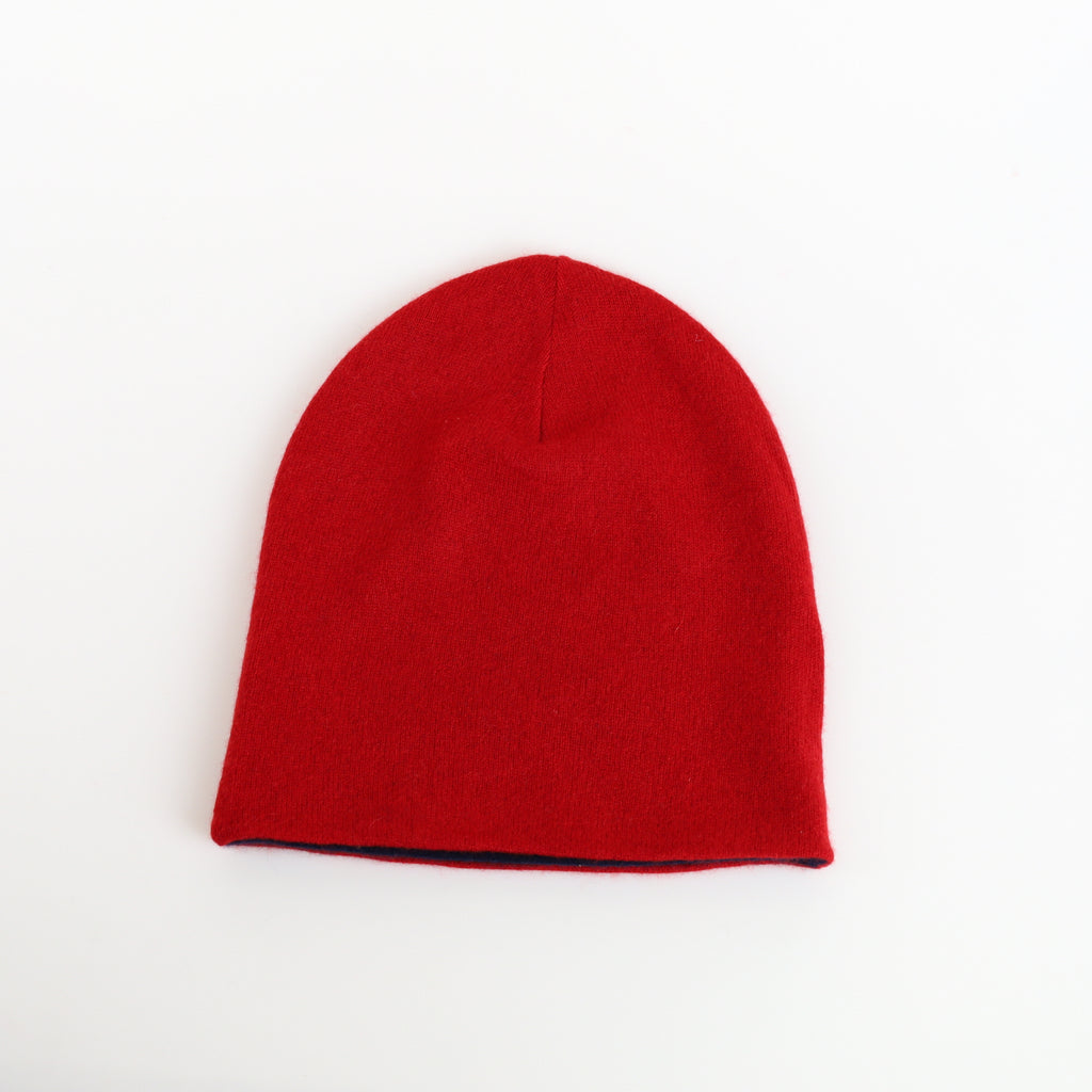 Darkest Navy and Red Reversible Cashmere Beanie Hat