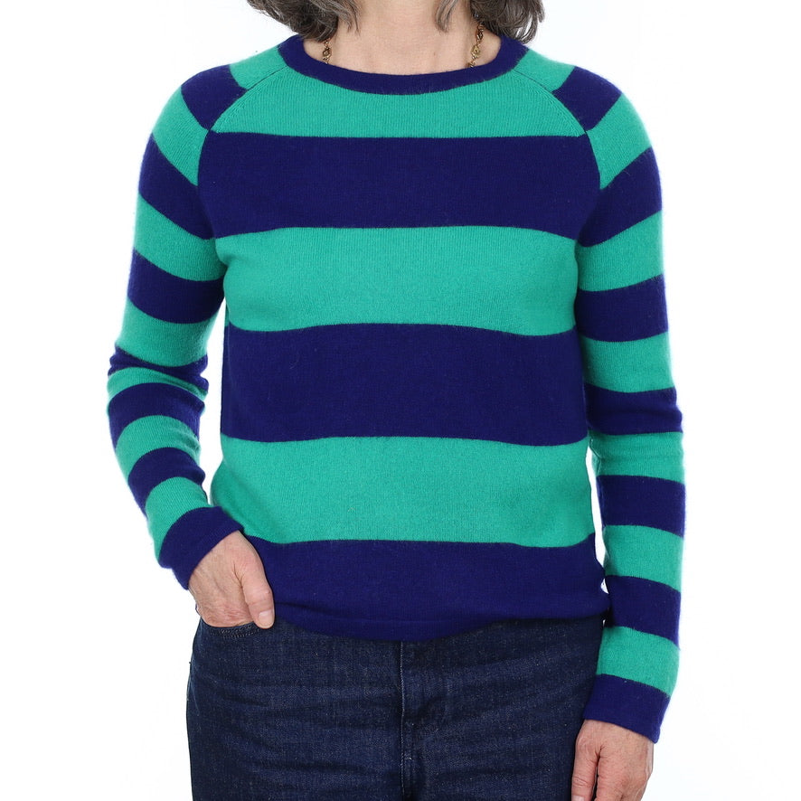 Blue and Green Striped Cashmere Crew Neck Jumper Medium