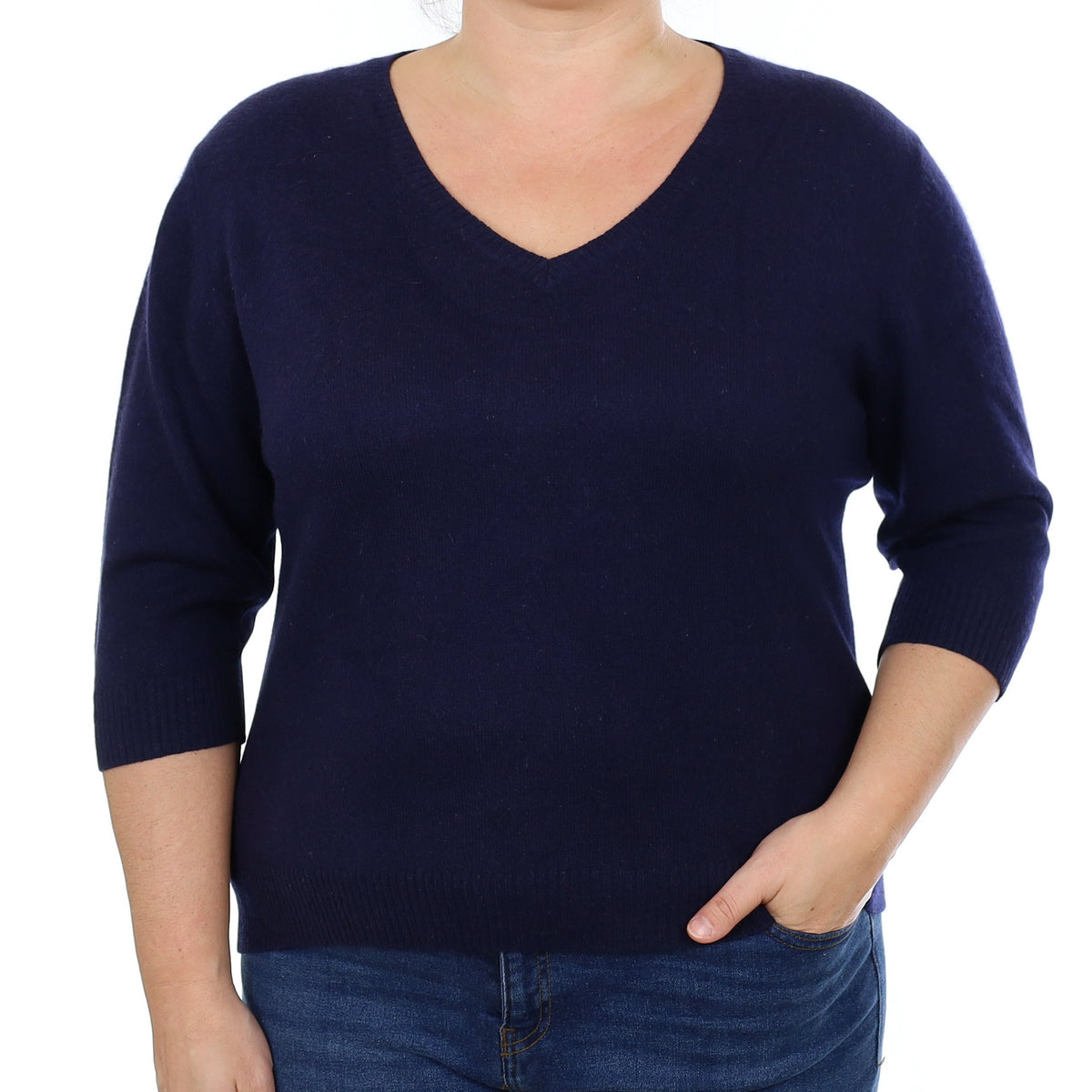 Navy Cashmere Short Sleeved V Neck Jumper Large