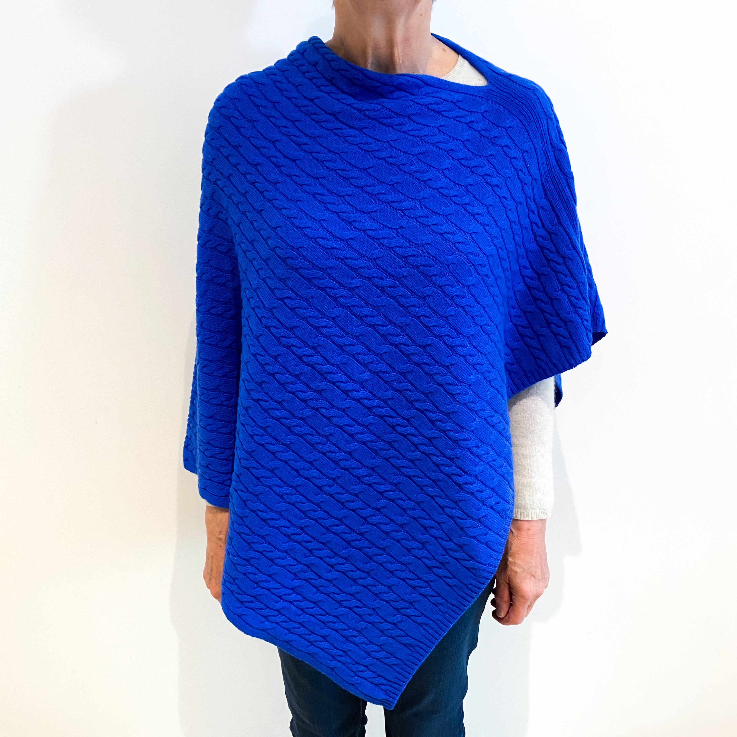 Brand New Scottish Cobalt Blue Cashmere Cable Poncho One Size
