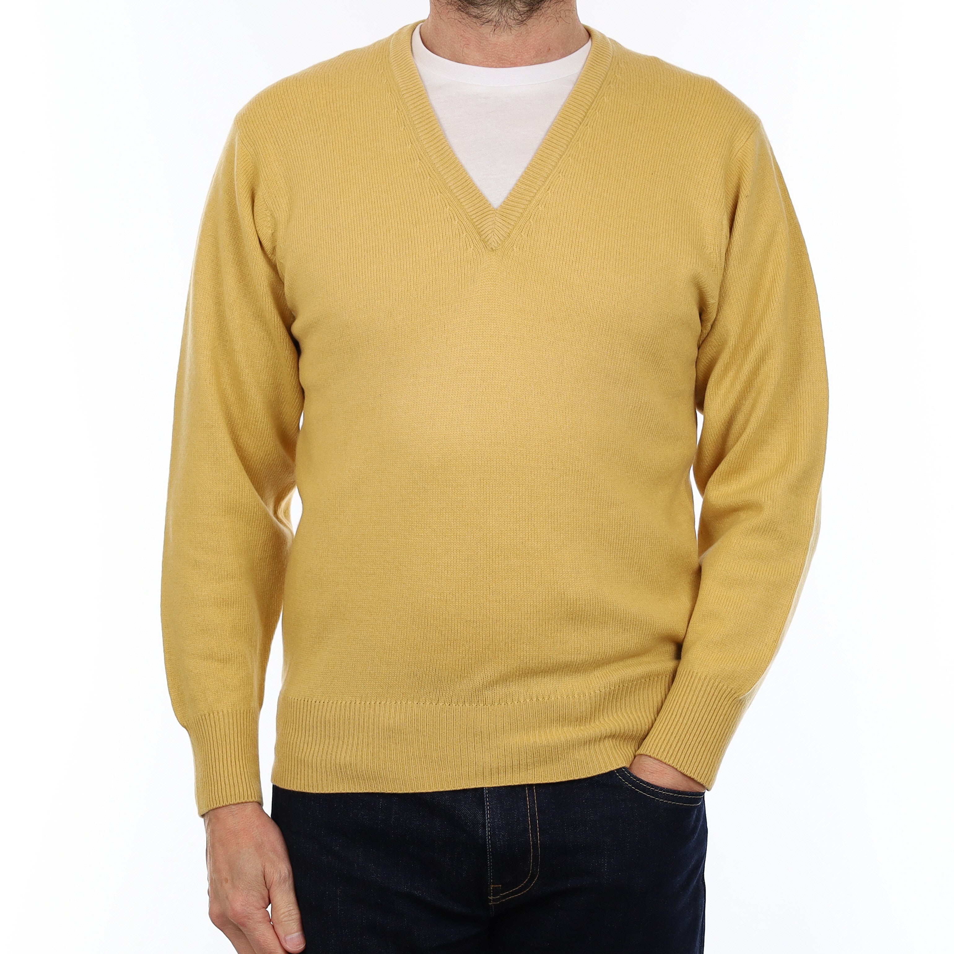 Men's Golden Yellow Cashmere V Neck Jumper Small