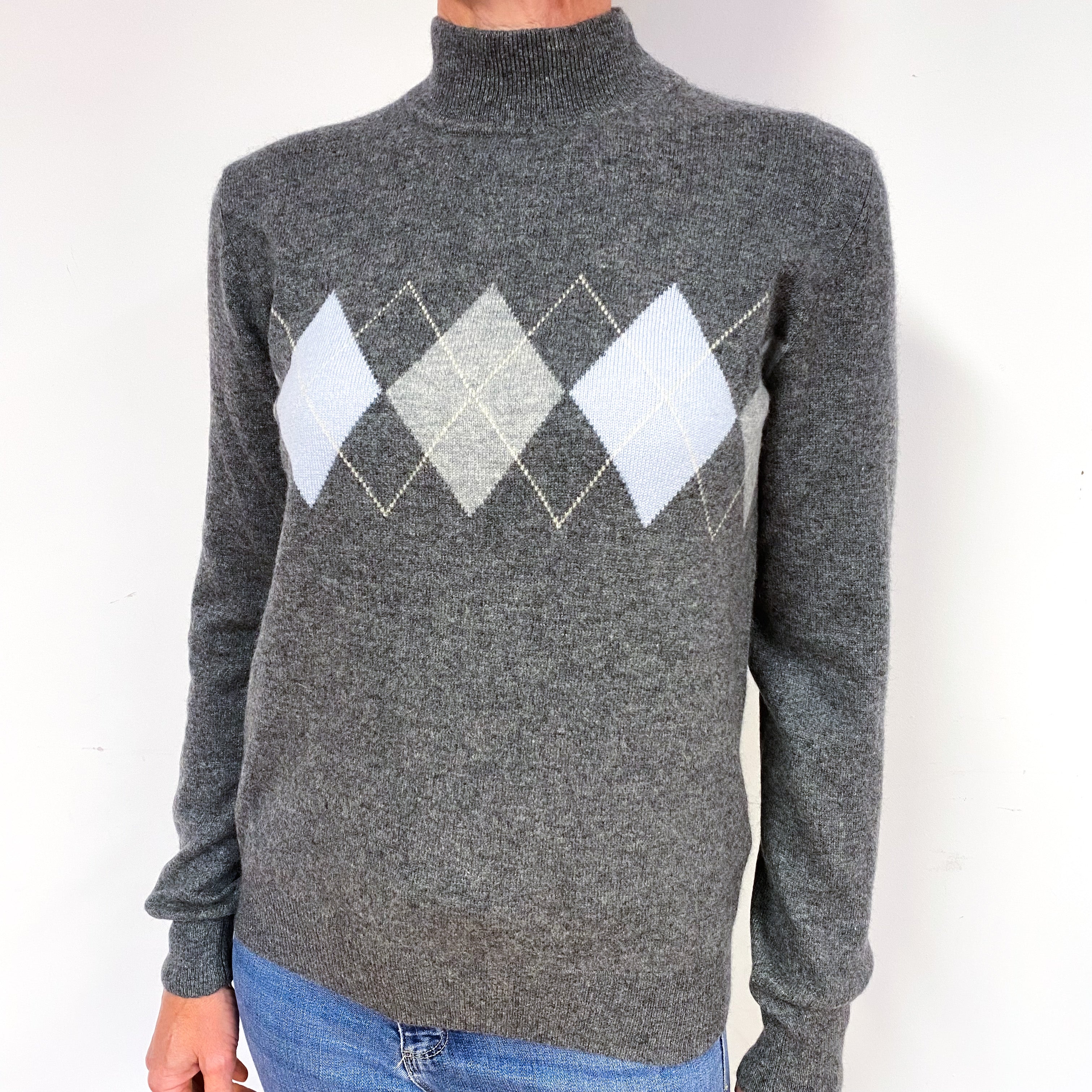 Slate Grey Diamond Cashmere Turtle Neck Jumper Medium