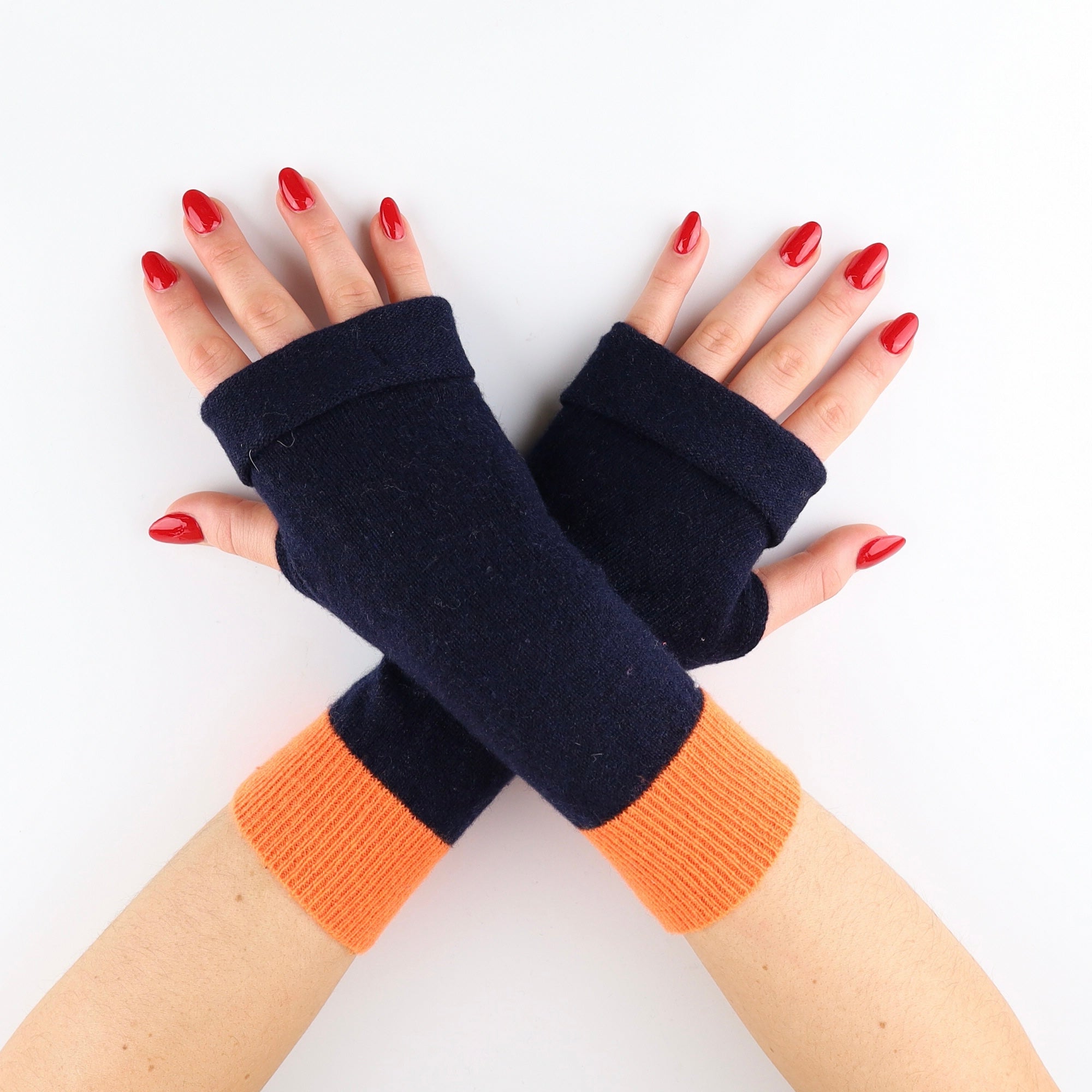 Navy and Bright Orange Block Colour Fingerless Gloves