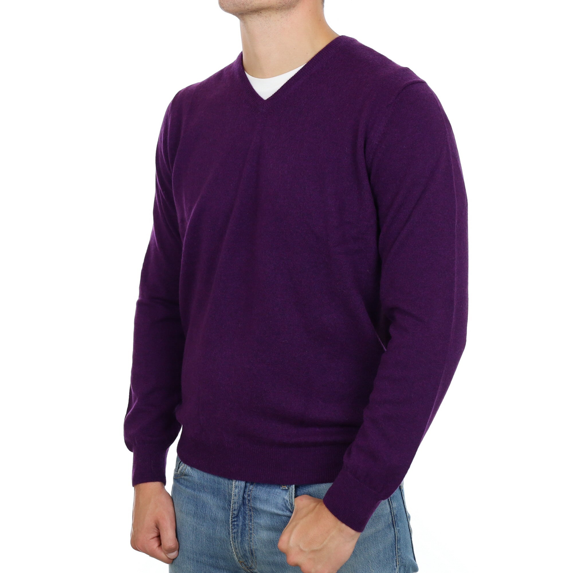 Men's Deep Purple Cashmere V Neck Jumper XL