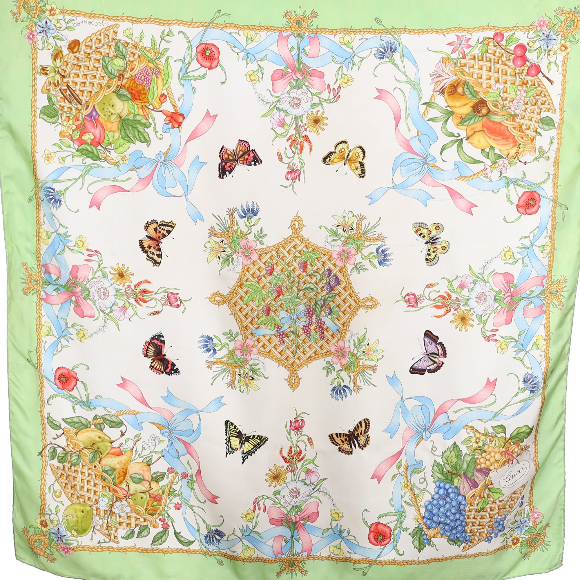 Gucci Fruit Basket Design Vintage Silk Scarf