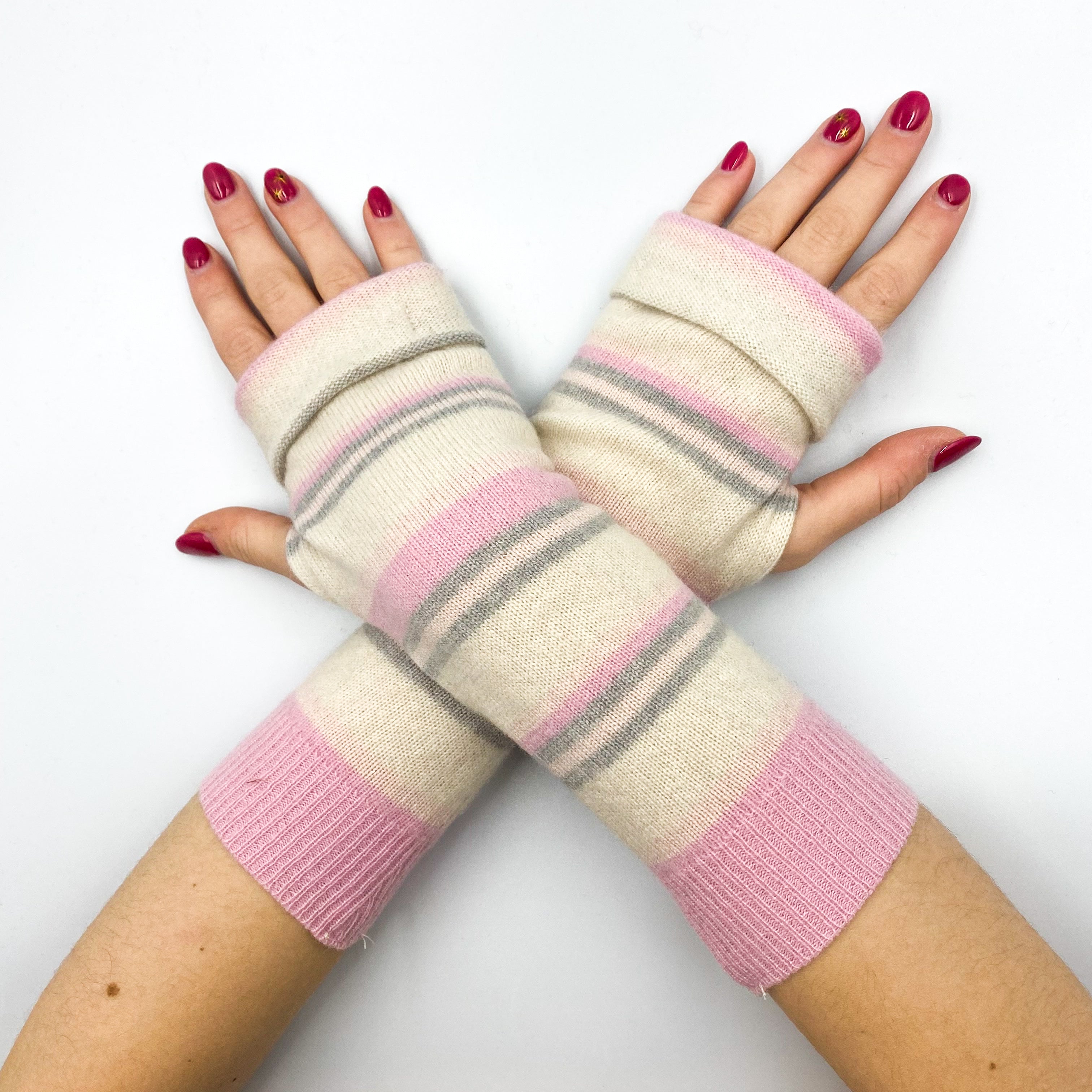 Candy Pink and Cream Stripe Fingerless Gloves