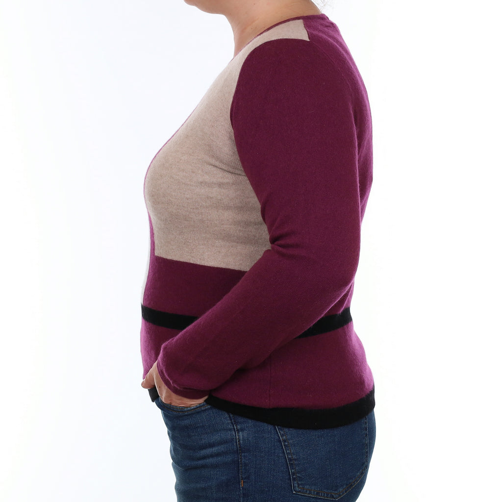 Plum Purple Colour Block Cashmere Crew Neck Jumper Large