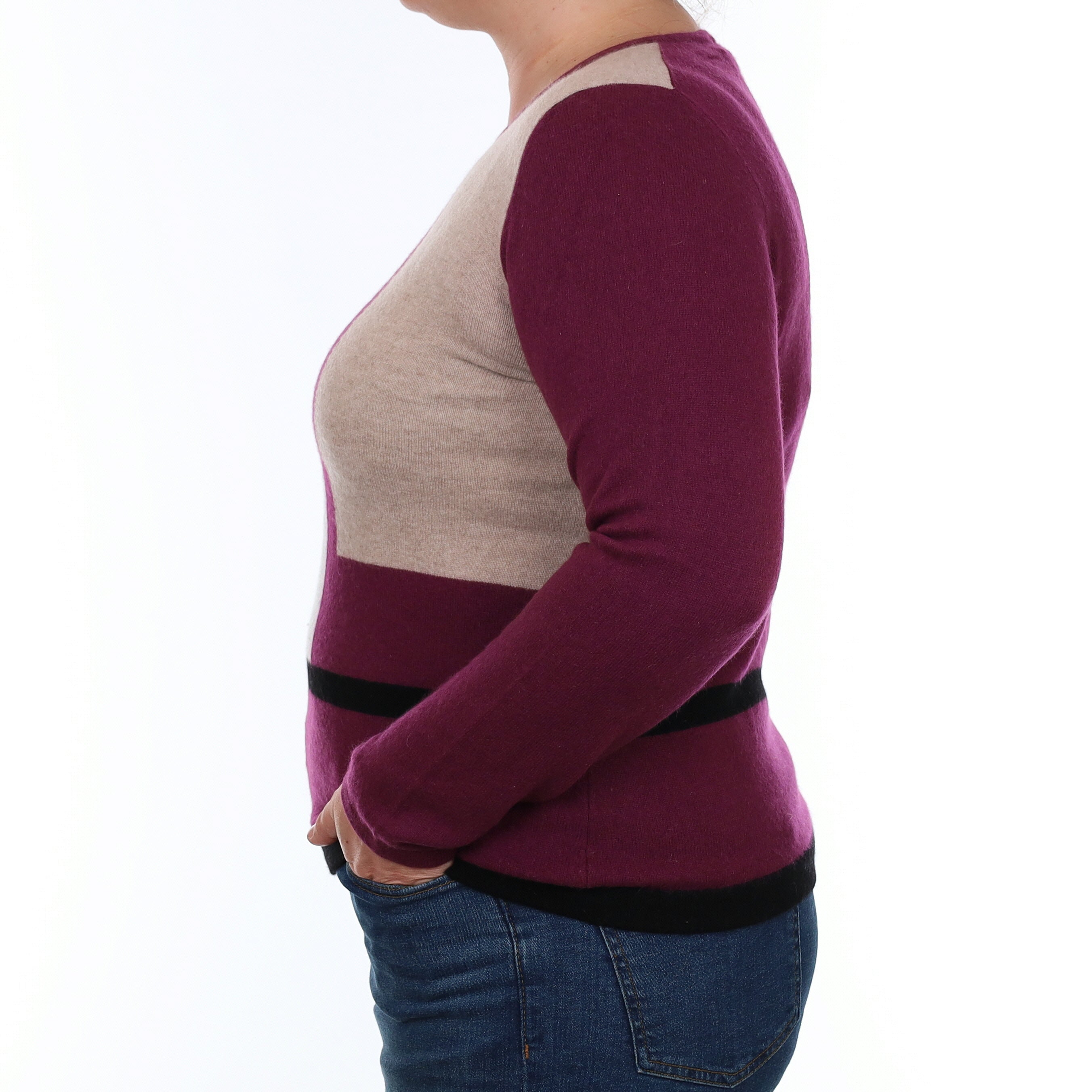 Plum Purple Colour Block Cashmere Crew Neck Jumper Large