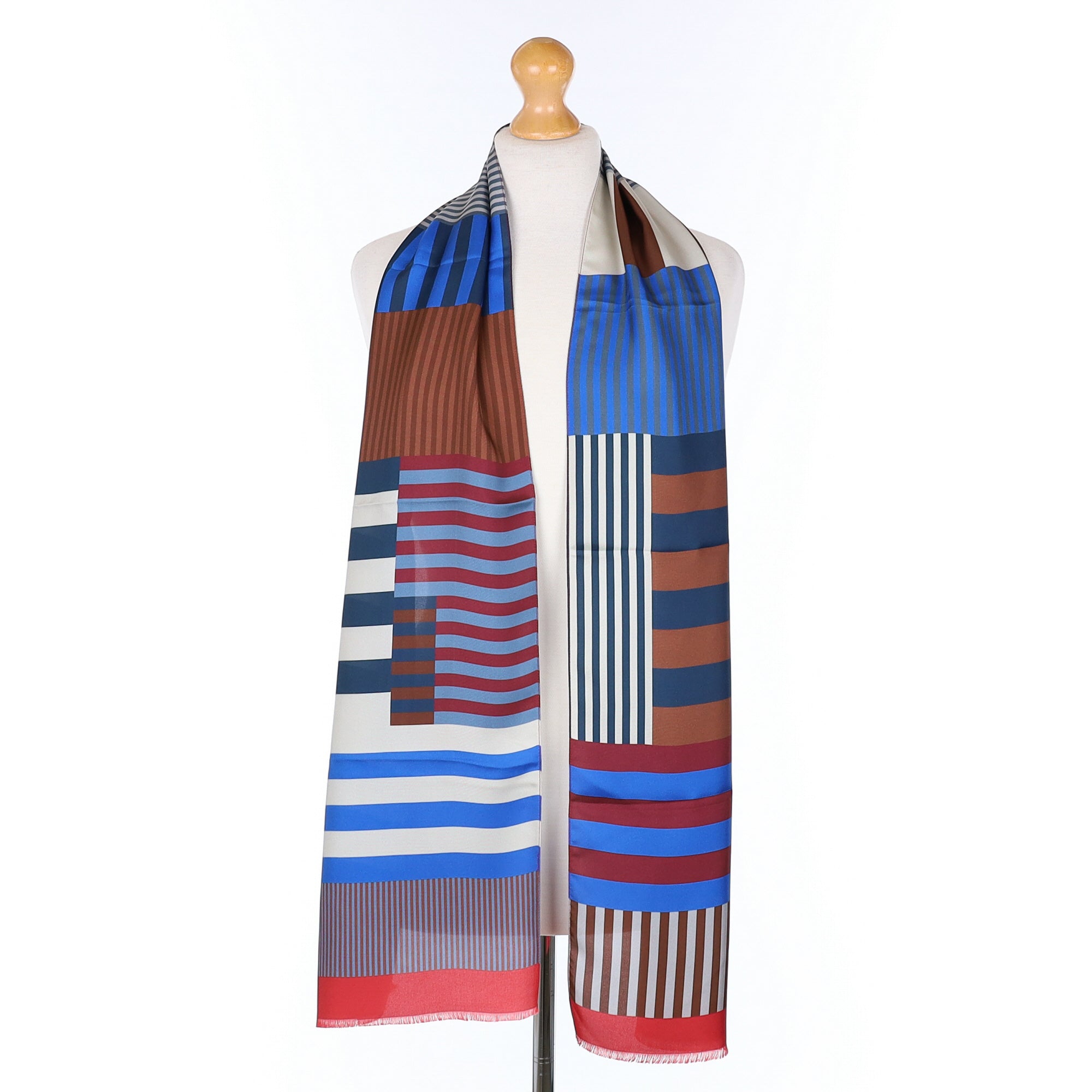 Brand New Italian Blue Striped Colour Block Silk Scarf