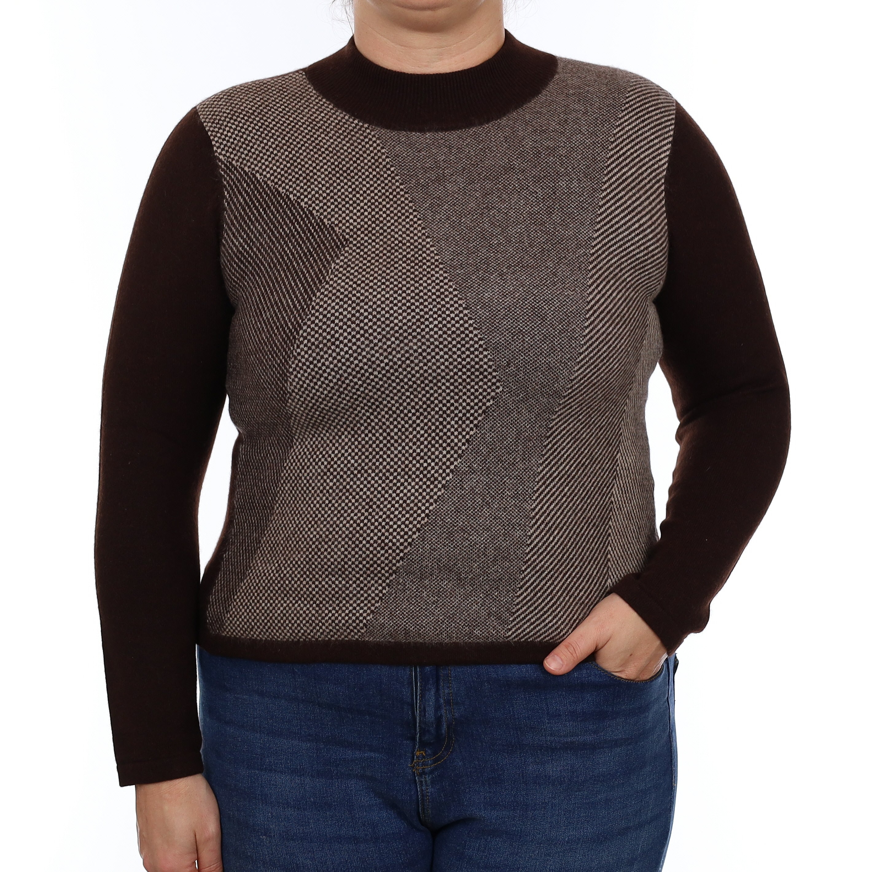 Chocolate Brown Patterned Cashmere Turtle Neck Jumper Large